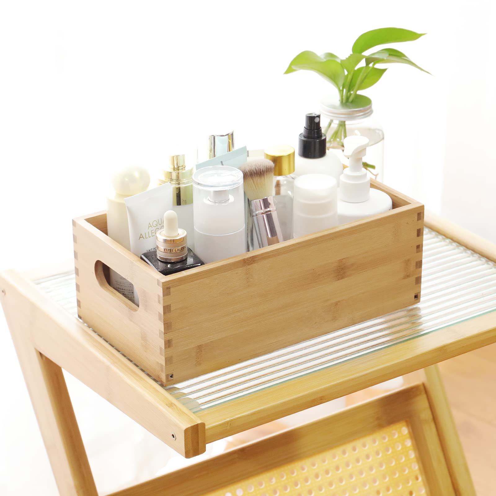 ANMINY Set of 4 Nesting Wooden Storage Crates - Natural Bamboo Wood Organizer Bins with Handles for Home, Office, Closet & Shelf Organization - Perfect for Toys, Books, Blankets & Home Decor Storage