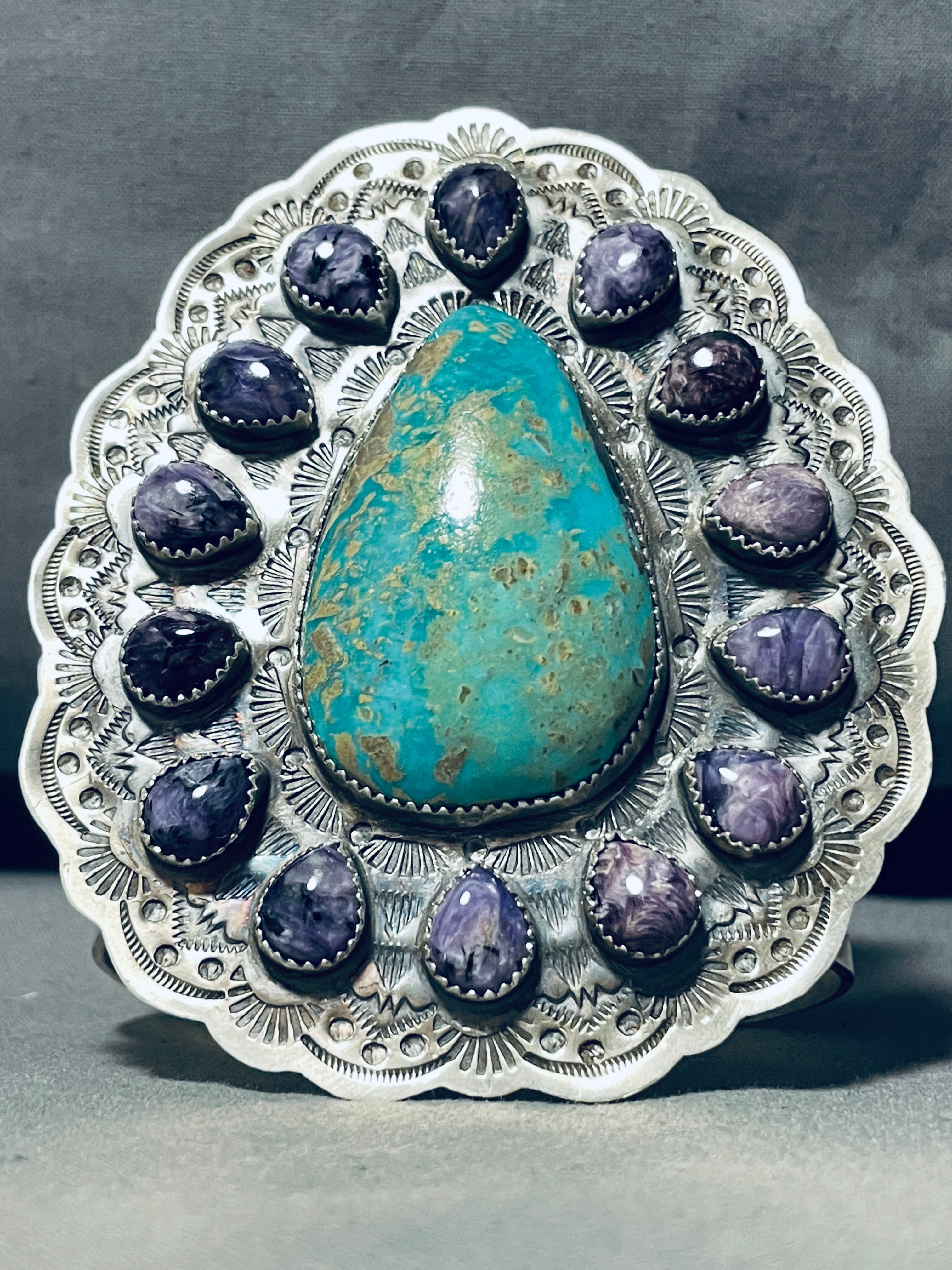Authentic Navajo Turquoise & Charoite Sterling Silver Bracelet - 164g Handmade Native American Jewelry for Women, Boho Chic Accessory, Perfect for Festivals & Special Occasions