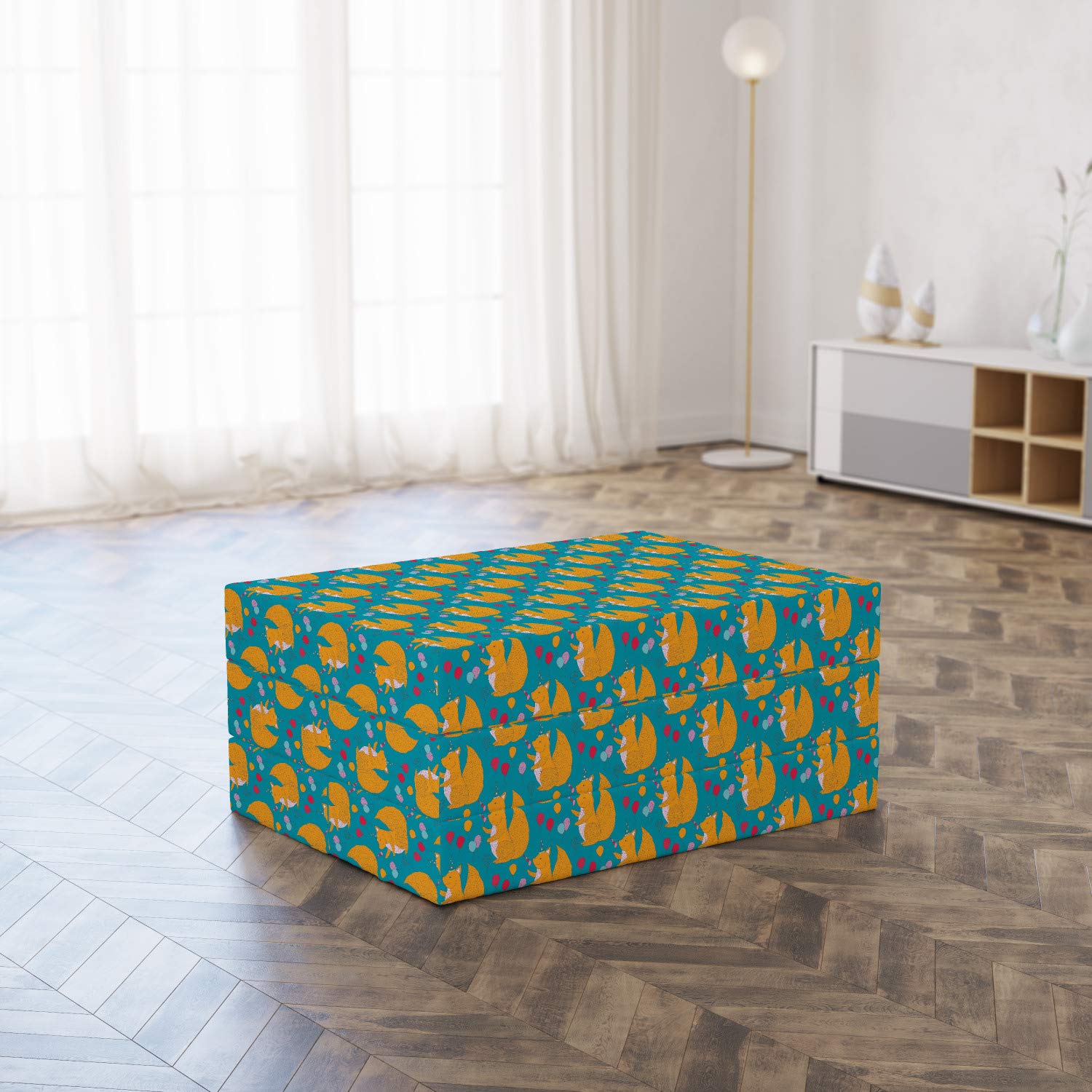 Ambesonne Squirrel Pattern Foldable Mattress - 74.8 x 35.4 Inch Fluffy Happy Birthday Design in Marigold & Dark Pink - Perfect for Kids' Rooms, Birthday Gifts & Cozy Napping Spaces