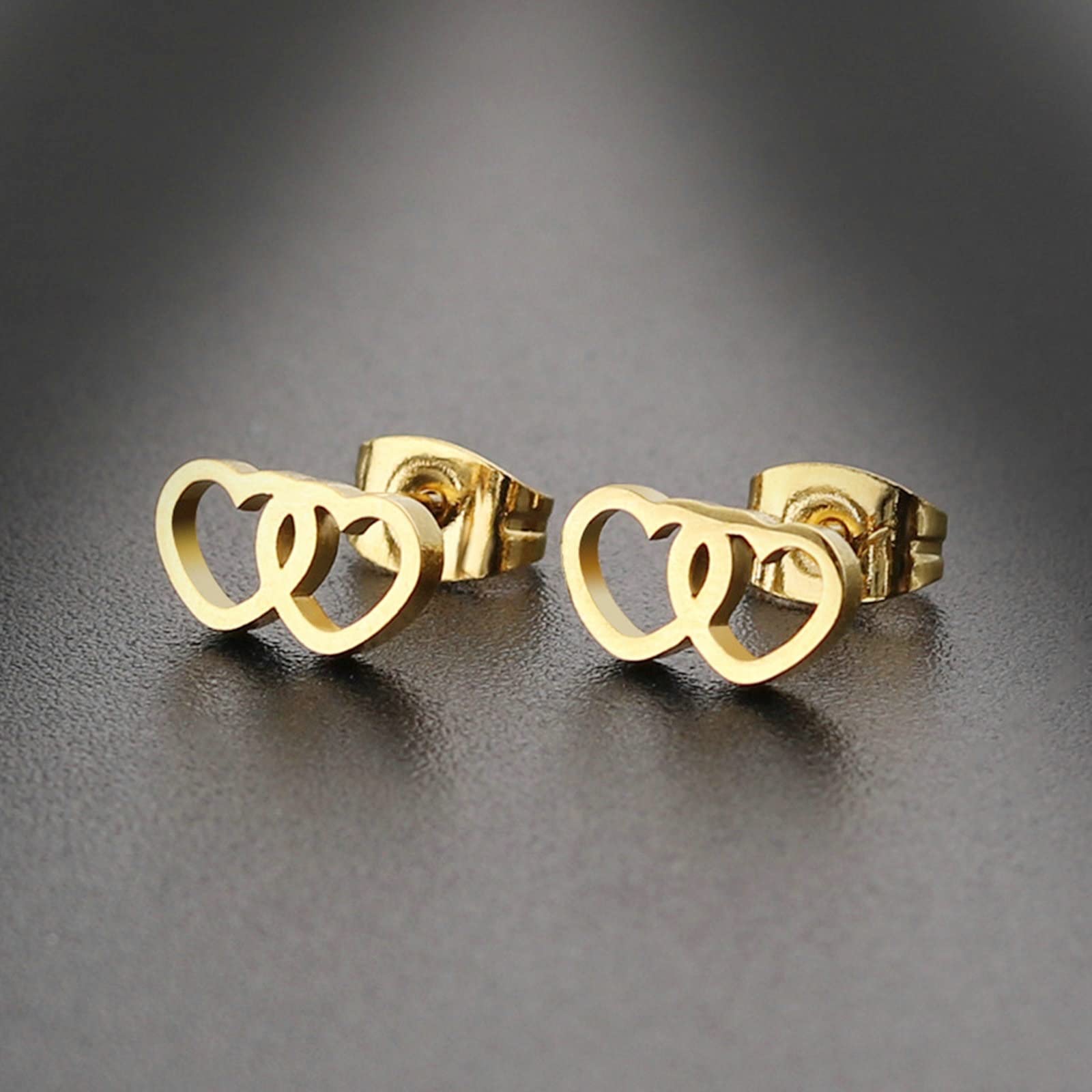 Titanium Stud Earrings for Women - 3 Pairs Silver Black Gold Double Hollow Heart Earrings | Hypoallergenic, Lightweight Jewelry for Everyday Wear, Gift Giving & Special Occasions