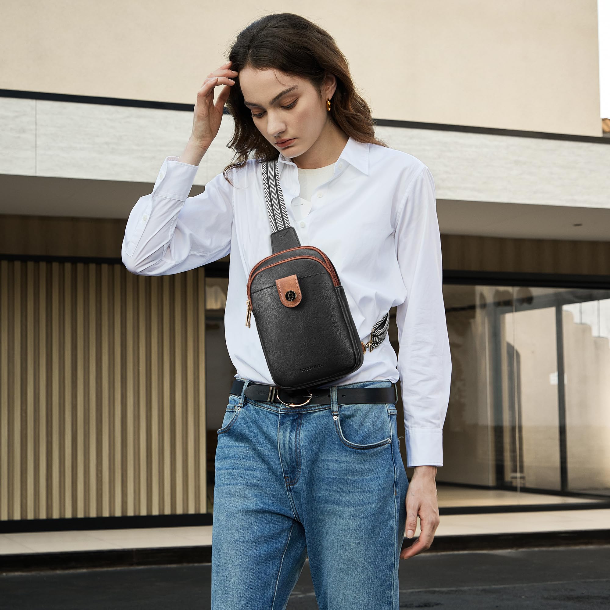 BOSTANTEN Women's Vegan Leather Crossbody Sling Bag - Large Fanny Pack Purse for Travel, Work, Gym & Daily Use