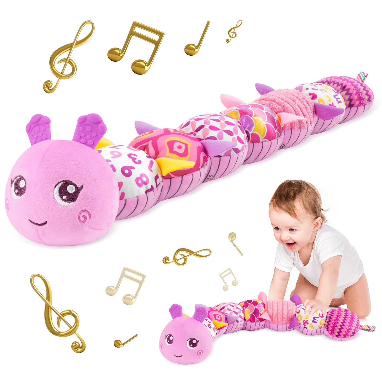 Soft Musical Stuffed Caterpillar Toy for Babies 0-12 Months - Multi-Sensory Developmental Activity Toy with Crinkle, Rattle & Textures (Purple) - Perfect for Tummy Time, Sensory Play & Early Learning