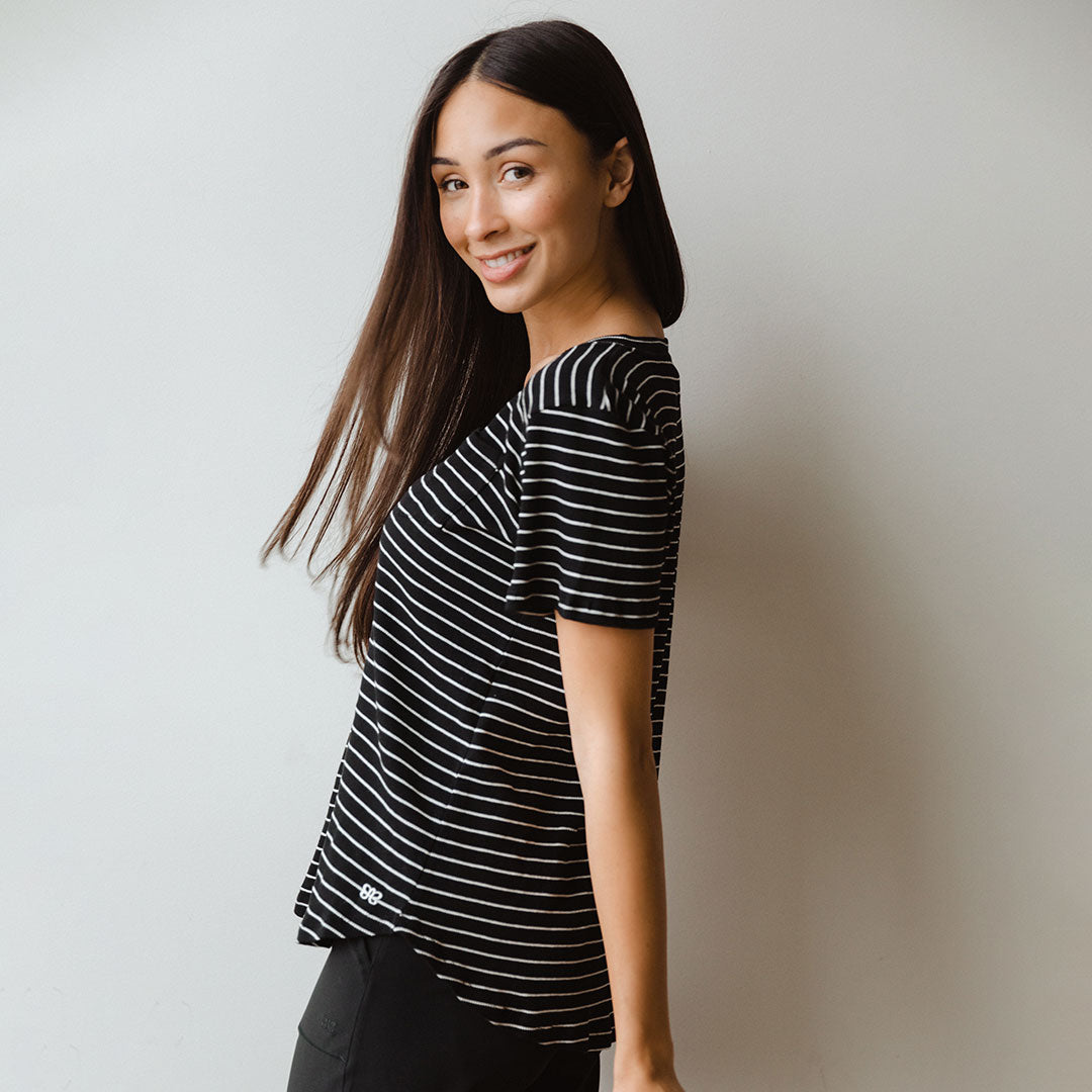 Chunky Black and White Striped V-Neck T-Shirt for Women - Soft Basic Tee for Casual Wear, Layering & Everyday Outfits