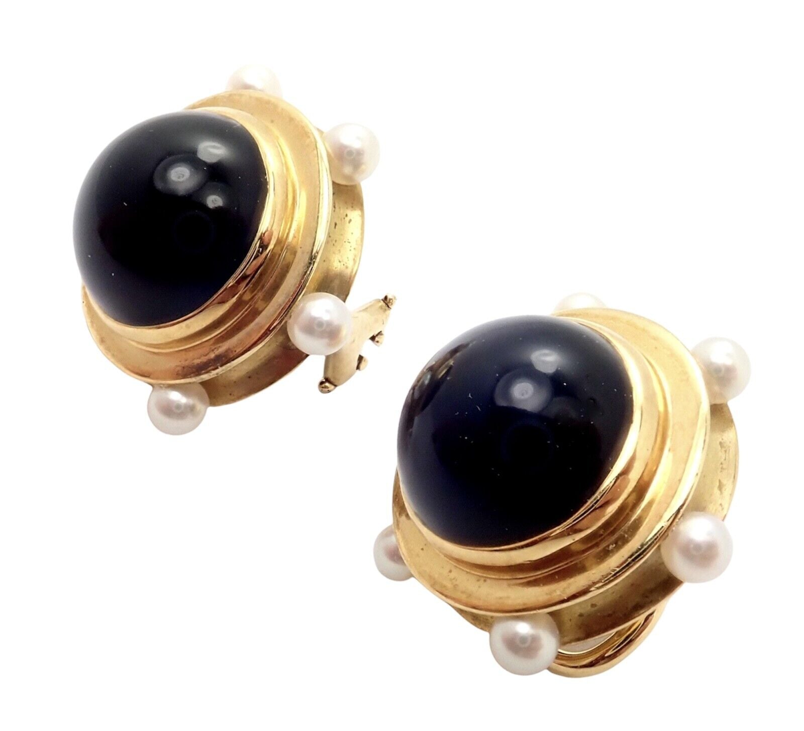 Vintage Authentic Tiffany & Co. 18k Yellow Gold Pearl & Onyx Earrings - Rare Luxury Jewelry for Women, Elegant Gift for Anniversary, Wedding & Special Occasions