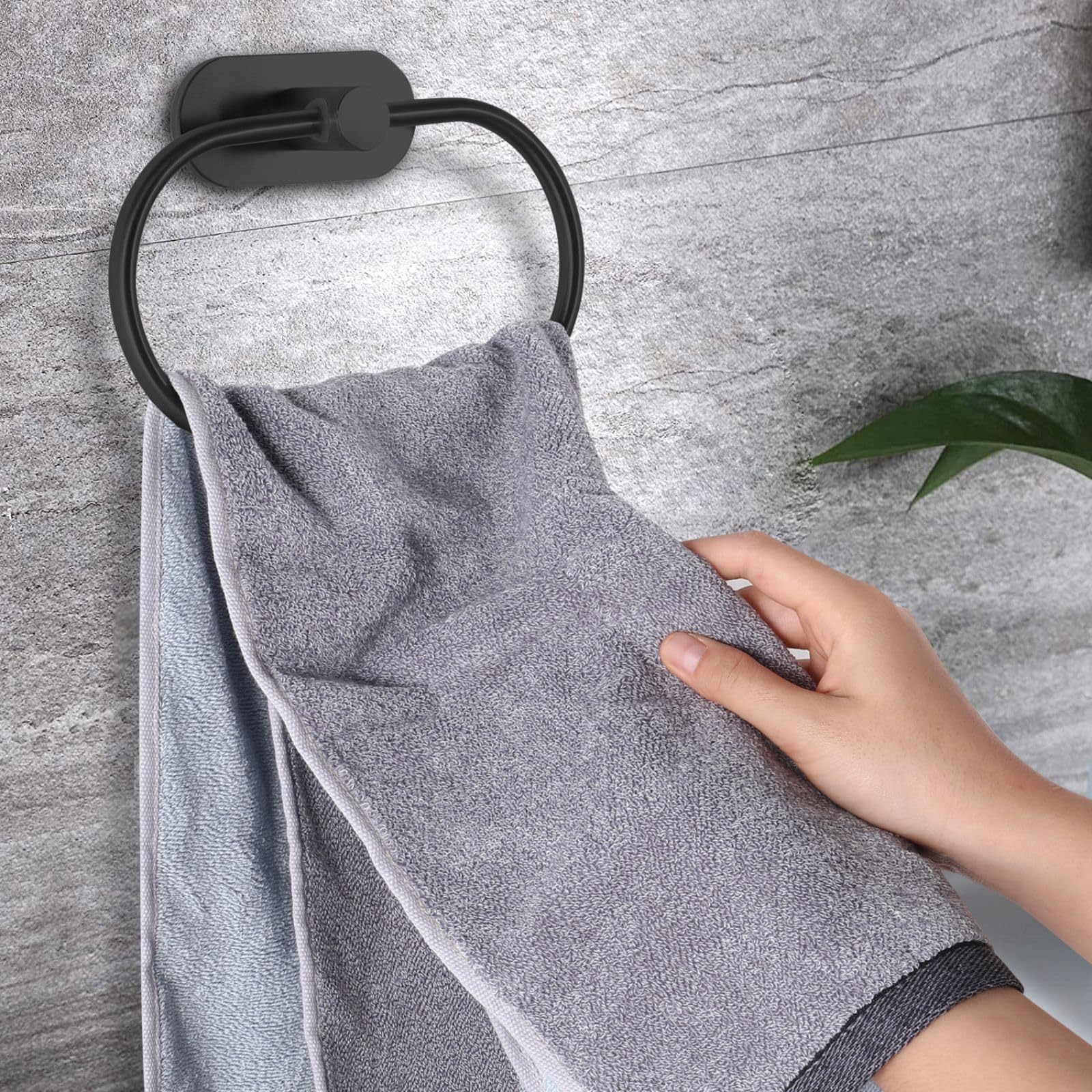 Stainless Steel Self Adhesive Towel Holder - No Drill Bathroom Towel Ring & Bar Set (2 Pack, Black) - Perfect for Modern Bathrooms, Kitchens & RVs - Wall Mounted Hand Towel Hanger for Easy Access