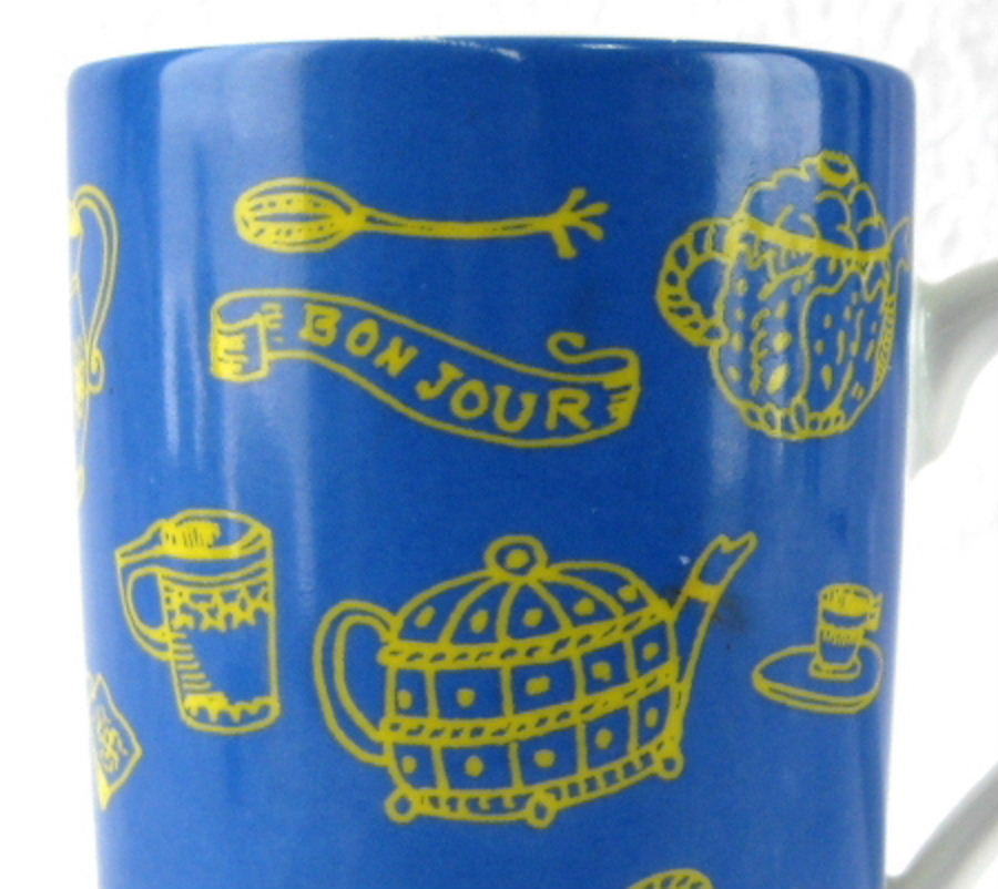 Bonjour French Tea Time Ceramic Mug - 10oz Blue & Yellow Design - Perfect for Morning Coffee, Afternoon Tea & Gifts - Made in Germany