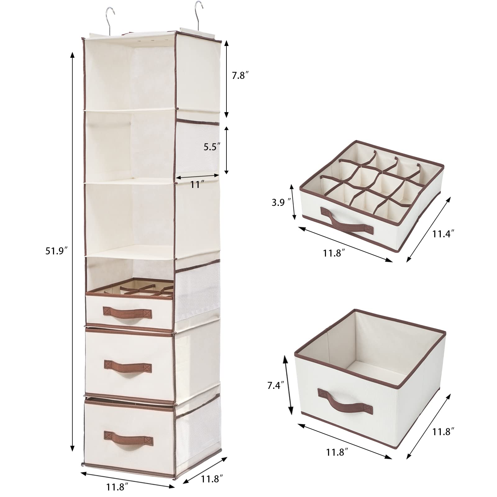 Vercord 6-Tier Foldable Hanging Closet Organizer with 2 Large Drawers, 1 Sock Drawer & 6 Mesh Pockets - Space Saving Clothes Storage for Bedroom, Dorm, Apartment Organization