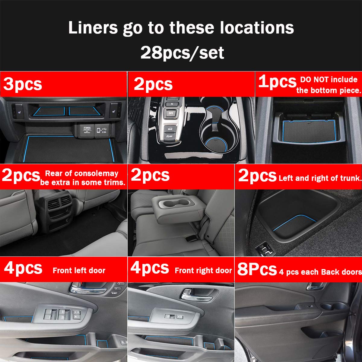 **Auovo Custom Fit Cup Holder Door Mats for Honda Passport 2019-2023 - 28pcs Interior Accessories Set with Blue Trim - Anti-Dust Center Console Inserts for Car Organization & Protection**