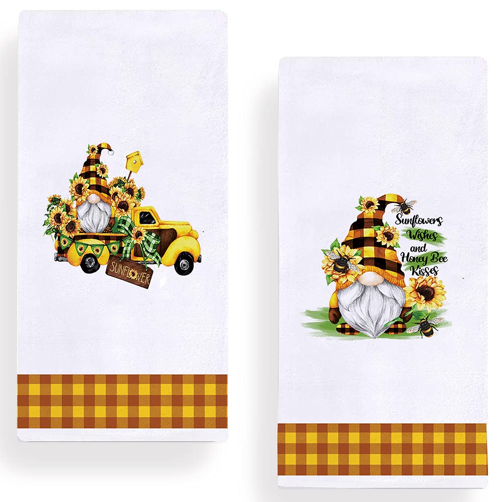Set of 2 Sunflower Gnome Kitchen Dish Towels 18x28 Inch - Buffalo Plaid Sunflower Truck Tea Towels for Cooking, Baking & Decor - Perfect for Spring Summer Seasonal Decor, Farmhouse Kitchen & Gift Ideas