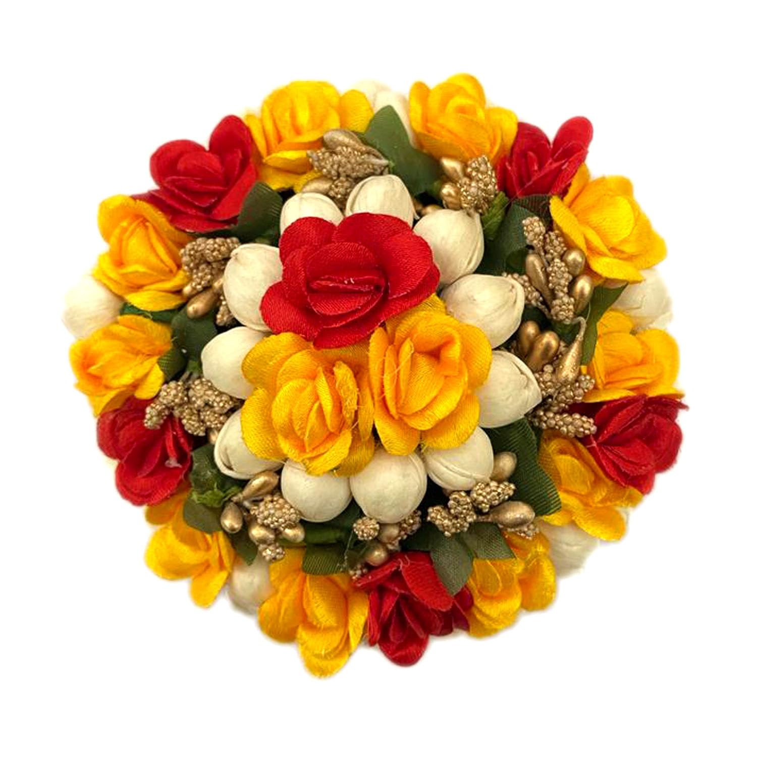 GuruEmbelish Artificial Flower Hair Bun Gajra - Bridal Hair Accessories for Women & Girls (Pack of 1, Red-Yellow) - Perfect for Weddings, Parties & Festive Occasions