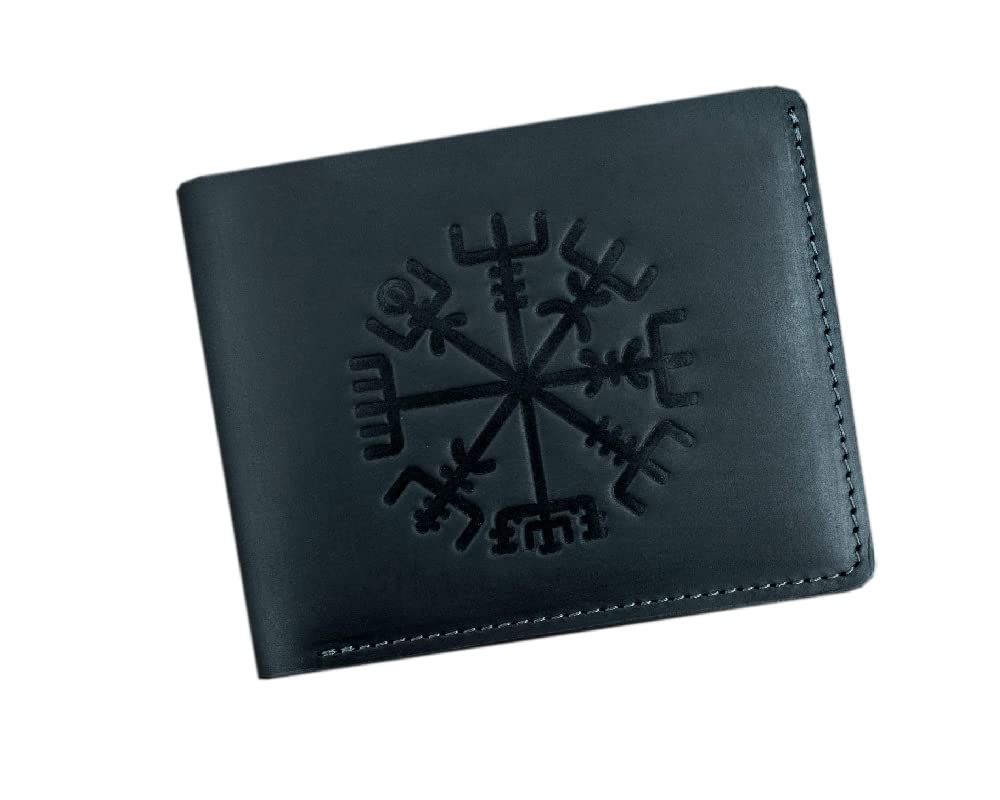 Genuine 100% Real Leather Handmade Vegvisir Wallet for Men - RFID Blocking Bifold Wallet with Viking Compass Symbol - Premium Black Leather Gift for Dad, Husband, Boyfriend - Perfect for Everyday Use, Travel & Business