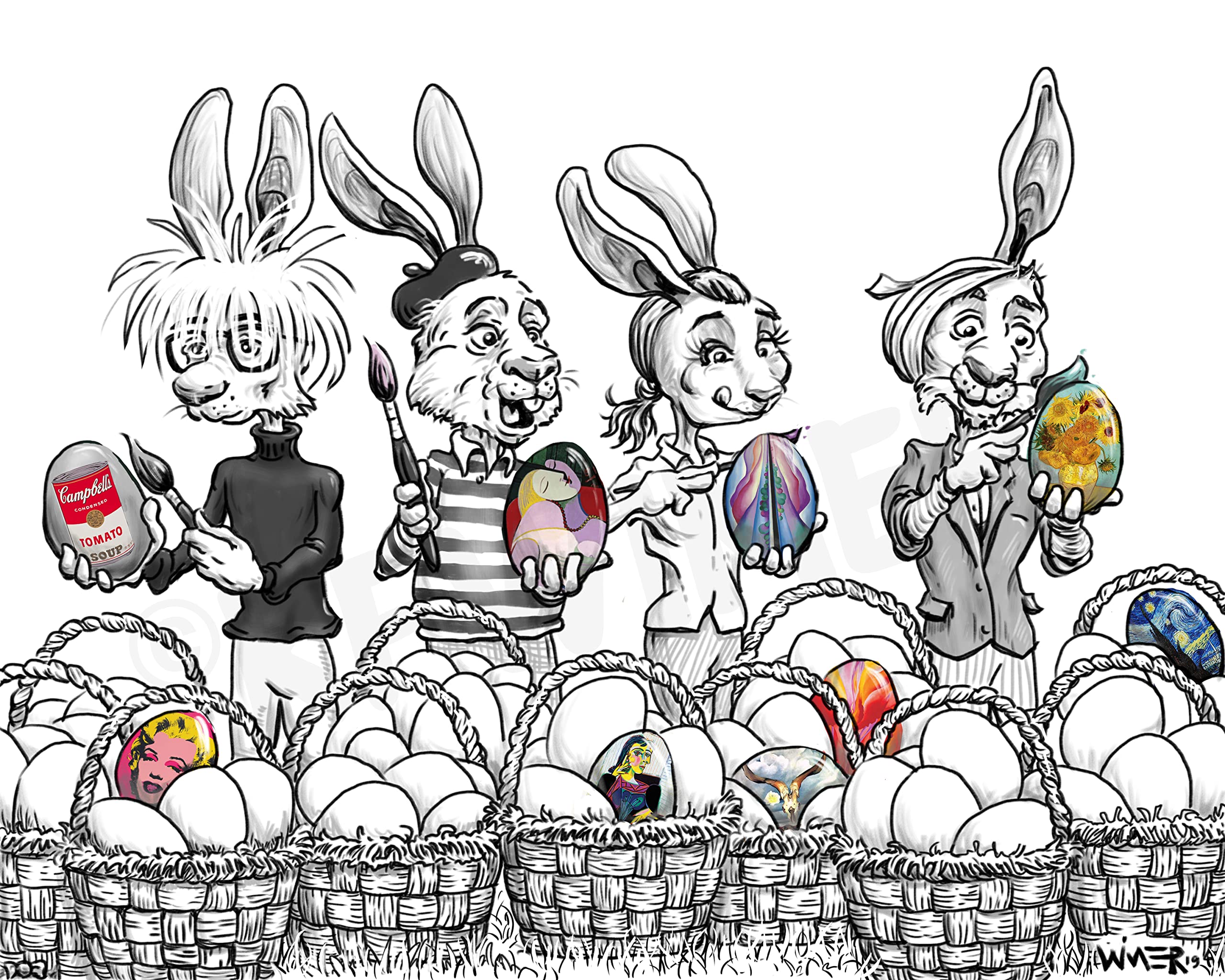 Easter Egg Artists Cartoon/Illustration - Hand-Signed Artwork with Mat & Quality Frame (Black) | Perfect for Home Decor, Easter Gifts & Art Collectors