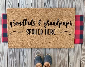 Grandkids and Grandpups Spoiled Here Front Doormat - Durable Outdoor Coir Mat for Porch & Patio Decor - Handmade Housewarming Gift - Perfect for Welcoming Guests & Pet-Friendly Homes