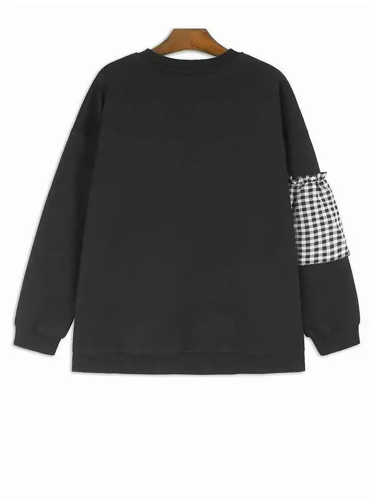 Black Plaid Ruffles Casual Sweatshirt for Women - Round Neck Long Sleeve Oversized Fashion Top - Spring & Autumn 2025 Trendy Loose Fit Blouse (Style 1DH7621) - Perfect for Casual Outings, Coffee Dates and Weekend Errands