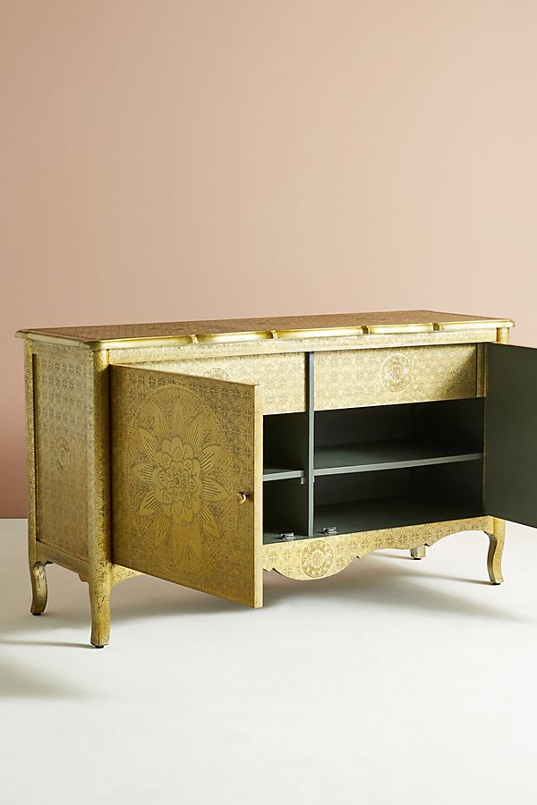 Golden Hand Embossed Lotus Buffet Table - Indian Brass Metal Sideboard with Intricate Design | Elegant Dining Room Furniture for Home Decor & Entertaining Guests