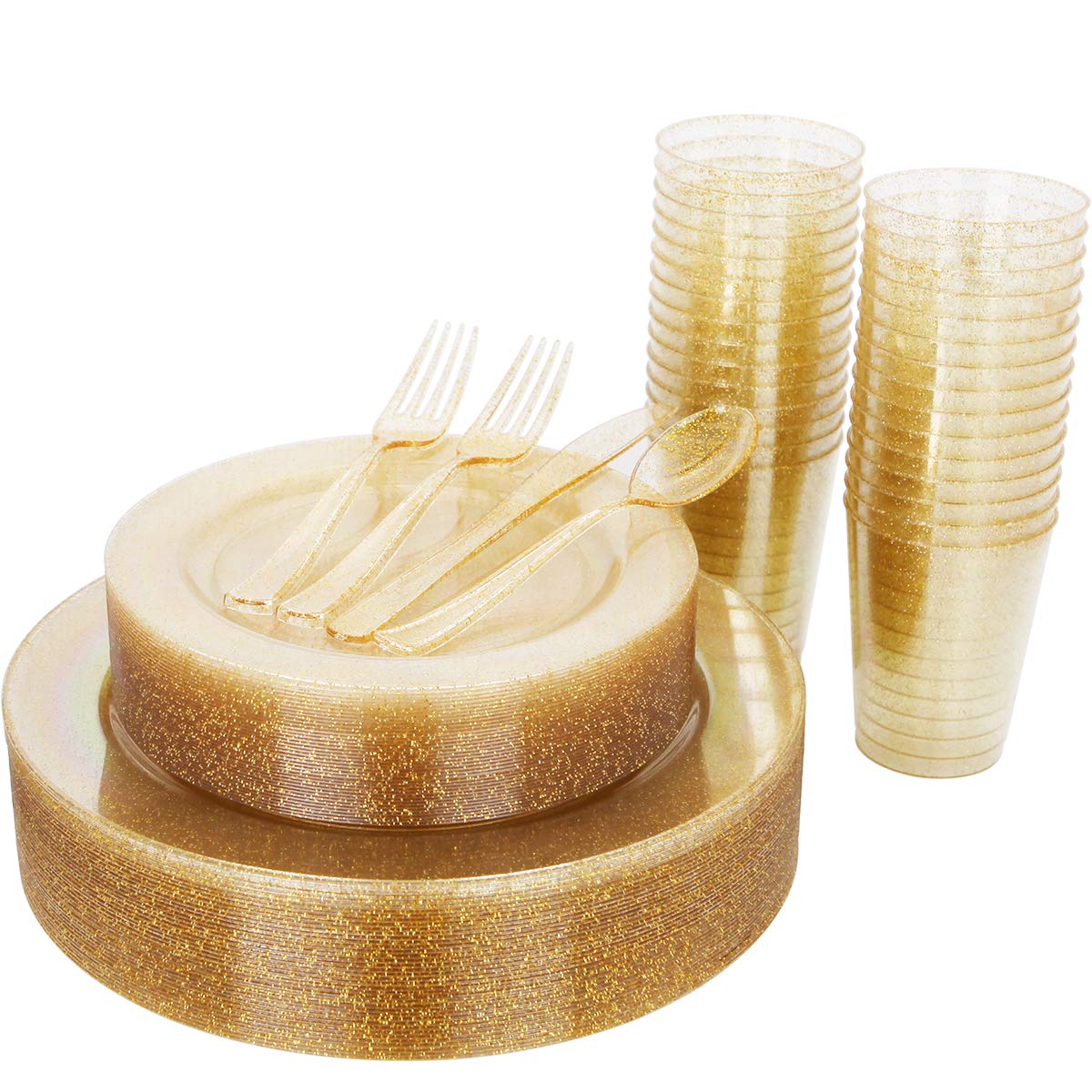 WELLIFE 175-Piece Gold Glitter Plastic Party Set - 50 Plates, 50 Forks, 25 Knives, 25 Spoons & 25 Cups - Elegant Disposable Tableware for Birthday, Wedding, Baby Shower & Holiday Celebrations