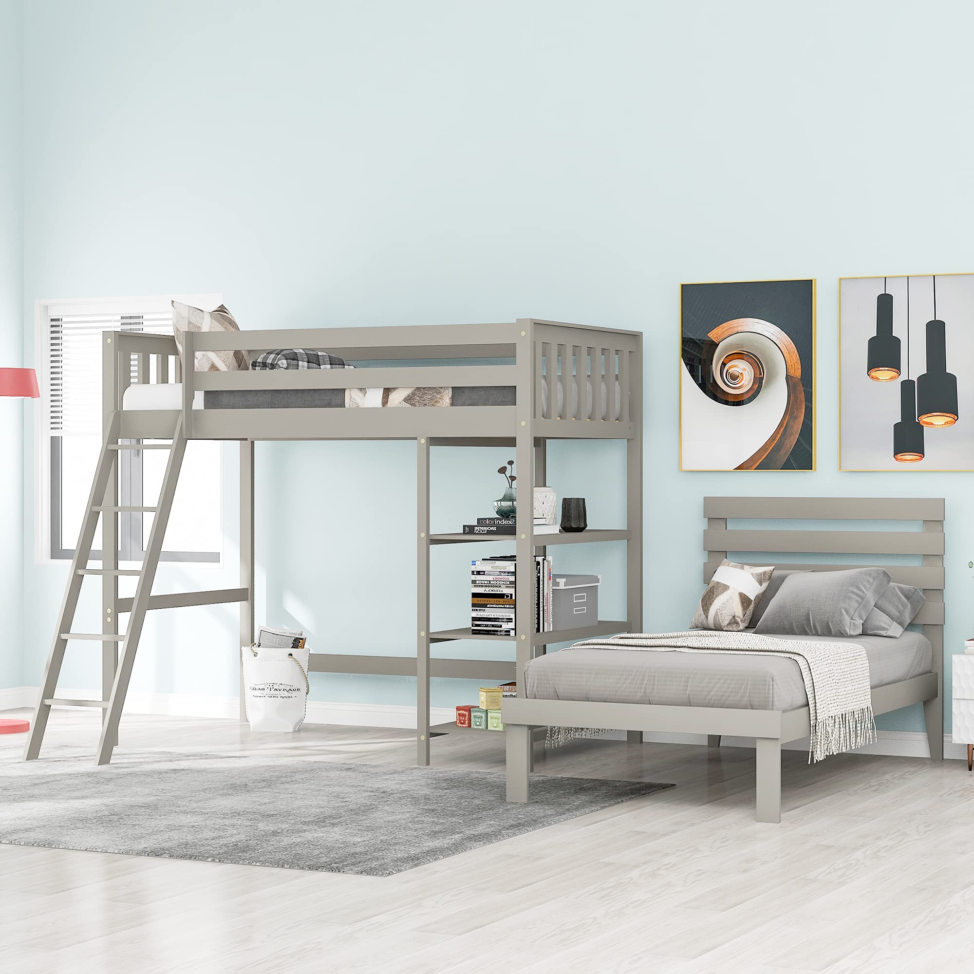 Solid Wood Twin Size Loft Bed Frame with Twin Platform Bed, 3 Storage Shelves & Safety Guardrail - Space Saving Kids & Teens Bedroom Furniture for Small Rooms (Gray) - Perfect for Dorms, Apartments & Shared Kids' Rooms