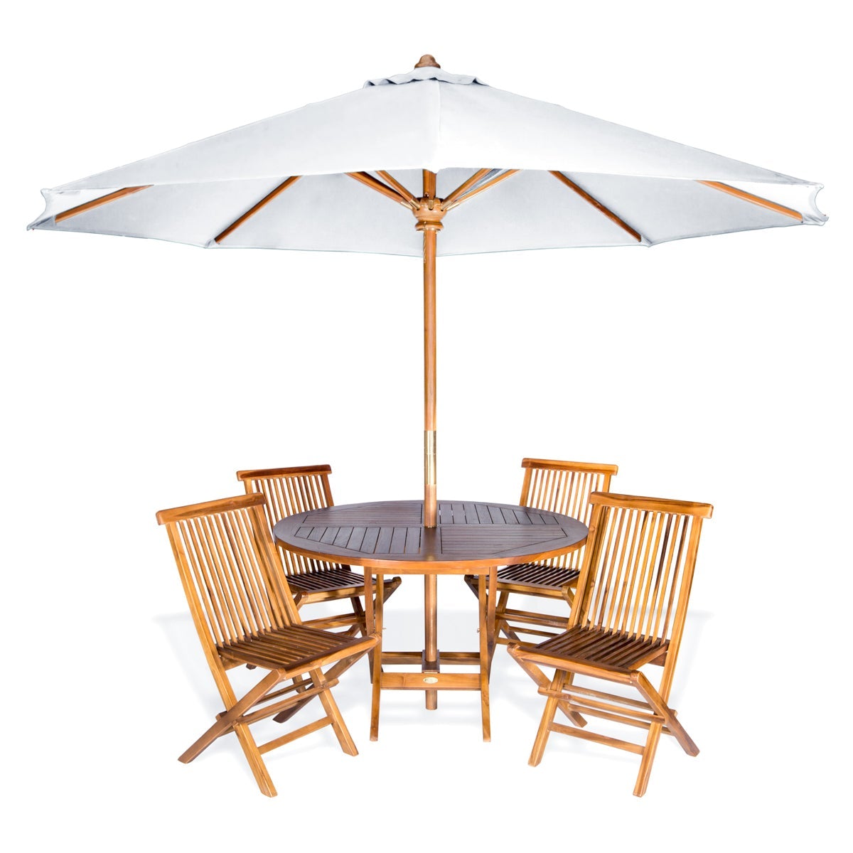 6-Piece Teak Round Folding Table Set with Blue Umbrella - 4 ft Outdoor Patio Dining Set | All Things Cedar | Perfect for Backyard BBQs, Poolside Gatherings & Garden Parties