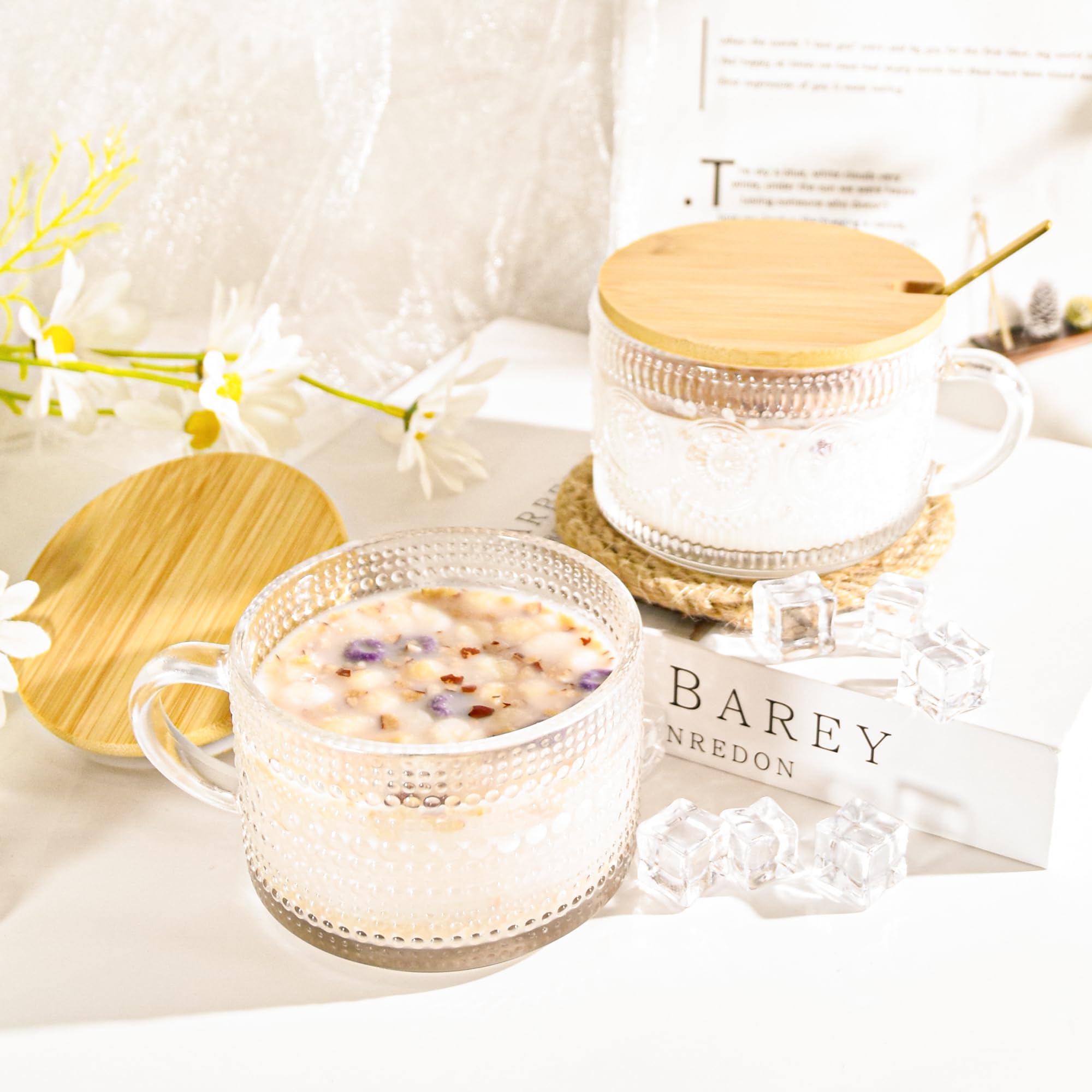 14oz Vintage Glass Mugs Set of 6 with Bamboo Lids & Spoons - Reusable Overnight Oats Containers for Coffee, Latte, Cereal, Yogurt - Perfect for Home, Office, Camping & Gifts (6 Mixed Patterns with Sealing Ring)