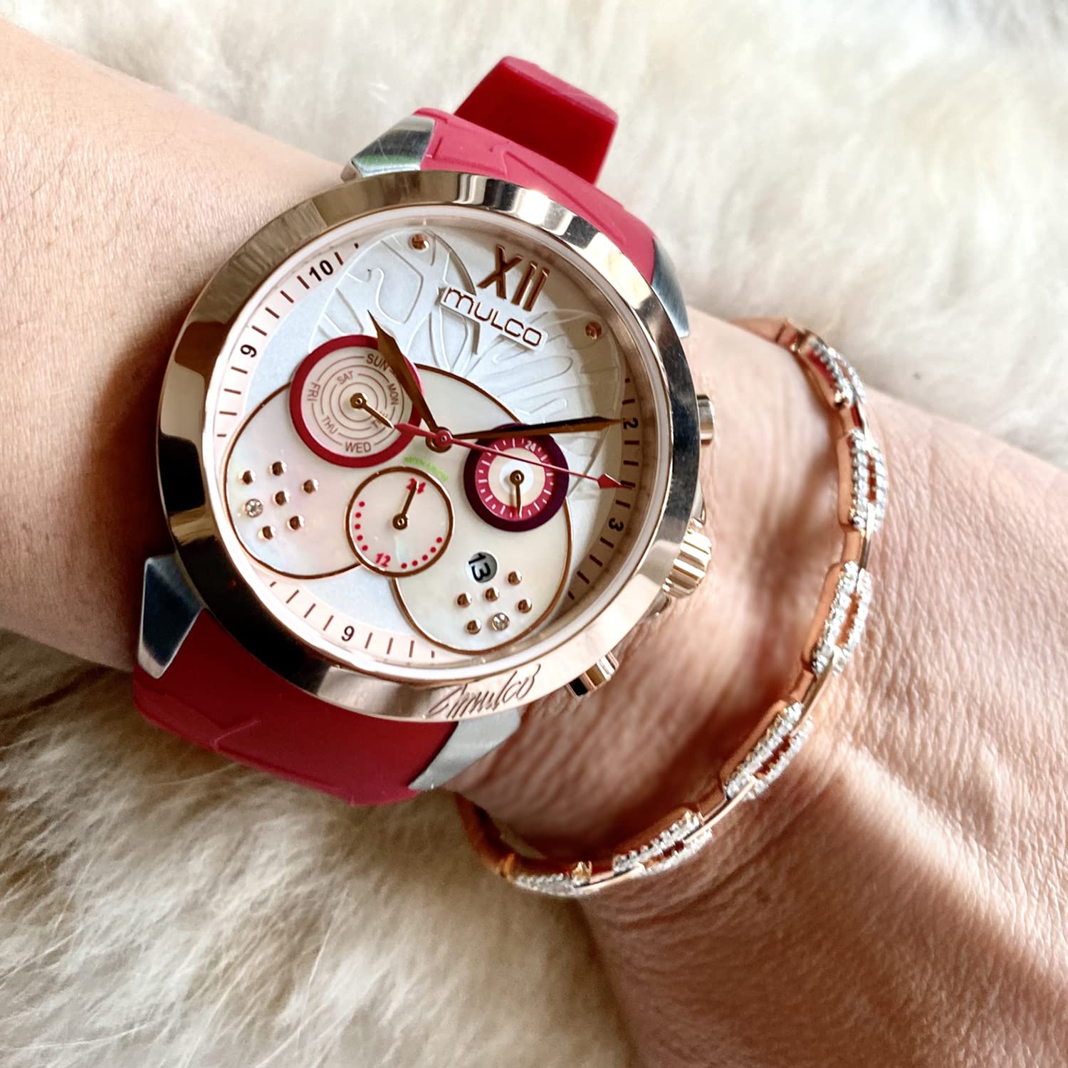Luxury MULCO Women's Watches - Silver Stainless Steel Case with Silicone Band, Mother of Pearl Rose Gold Diamond Dial, Quartz Movement, Waterproof - Perfect for Business, Party & Everyday Wear