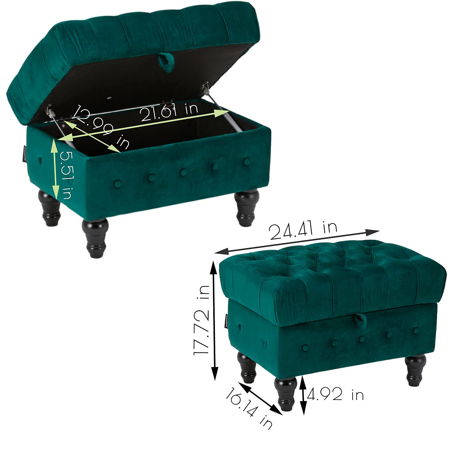 Artechworks Velvet Button Tufted Storage Ottoman - Green Upholstered Footstool with Hidden Storage for Living Room, Bedroom & Home Office | Multi-Functional Coffee Table Stool, Toy Box & Space-Saving Furniture | Perfect for Small Spaces, Reading Nooks & Nursery Organization