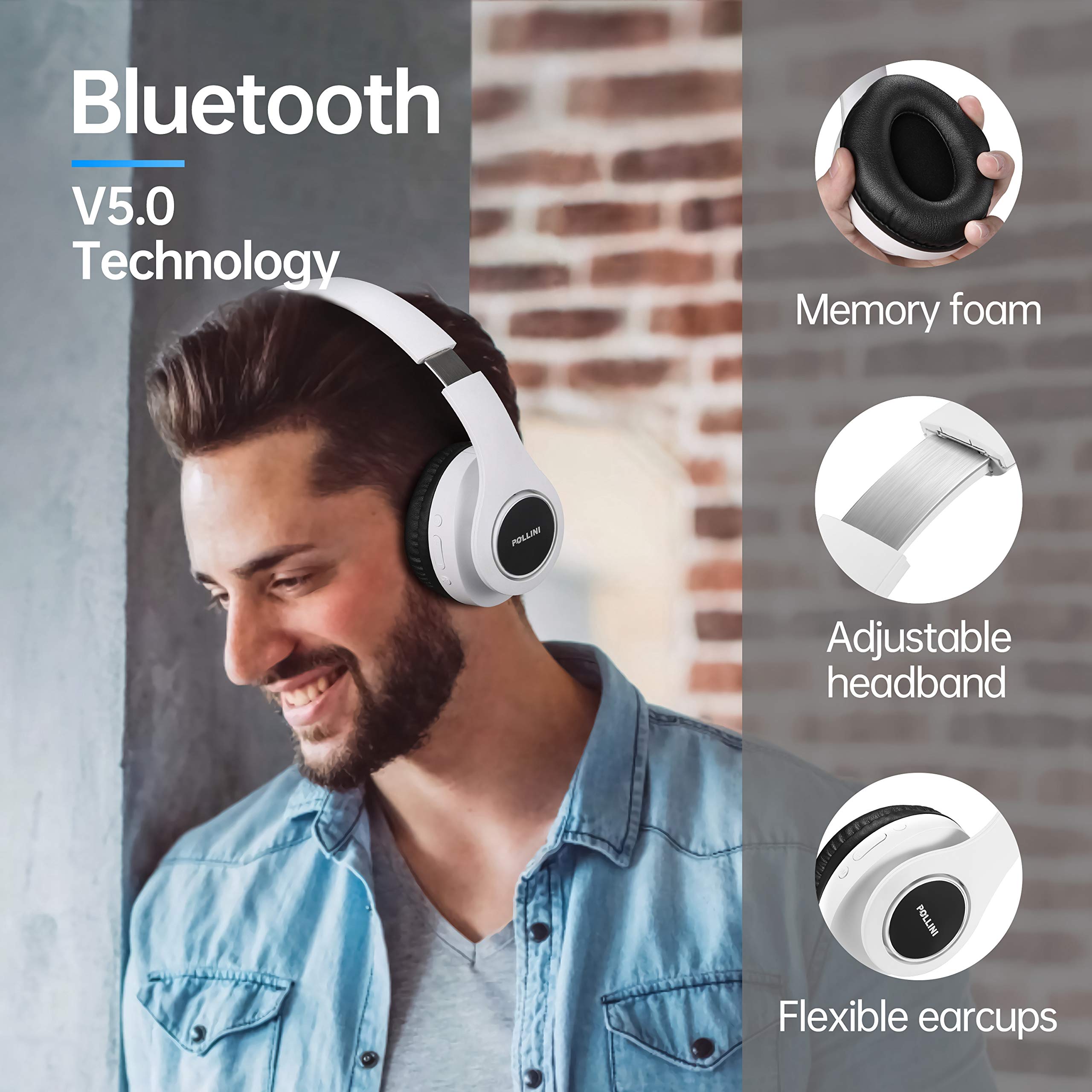 Pollini Bluetooth Headphones Wireless Over Ear - 40H Playtime, Foldable Design with Microphone & Deep Bass Stereo - Soft Memory-Protein Earmuffs for iPhone, Android, PC (White) - Perfect for Travel, Workouts & Home Office Use