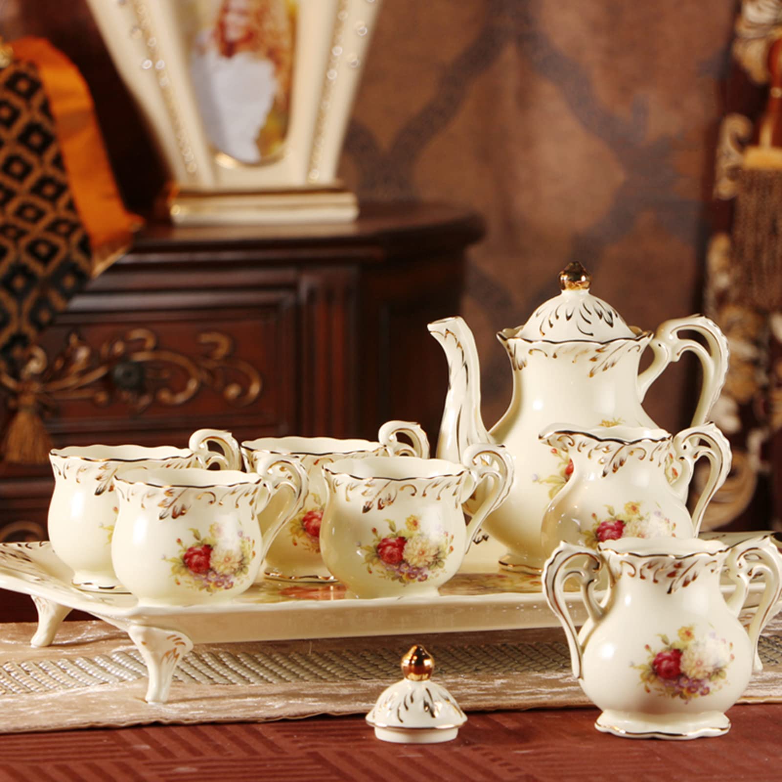 British Royal War Horse Tea Set - 8-Piece Porcelain Coffee & Tea Service with Teapot, Saucers, Sugar Bowl, Milk Jug & Teaspoons in Gift Box | Elegant Peony Design China Ceramic | Perfect for Afternoon Tea, Bridal Showers & Royal-Themed Parties