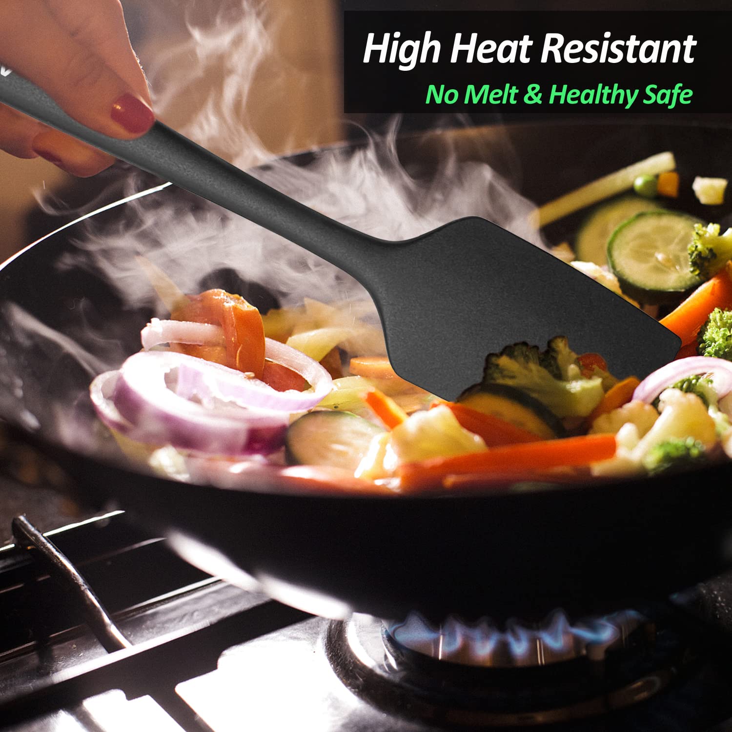 High Heat Resistant Silicone Spatula Set - 600°F Safe Baking & Cooking Utensils, Non-Stick Scraping & Mixing Tools, BPA-Free Kitchen Spatulas (3 Pack, 11.2 Inch, Black) - Perfect for Baking Cakes, Cooking Sauces, and Mixing Batters