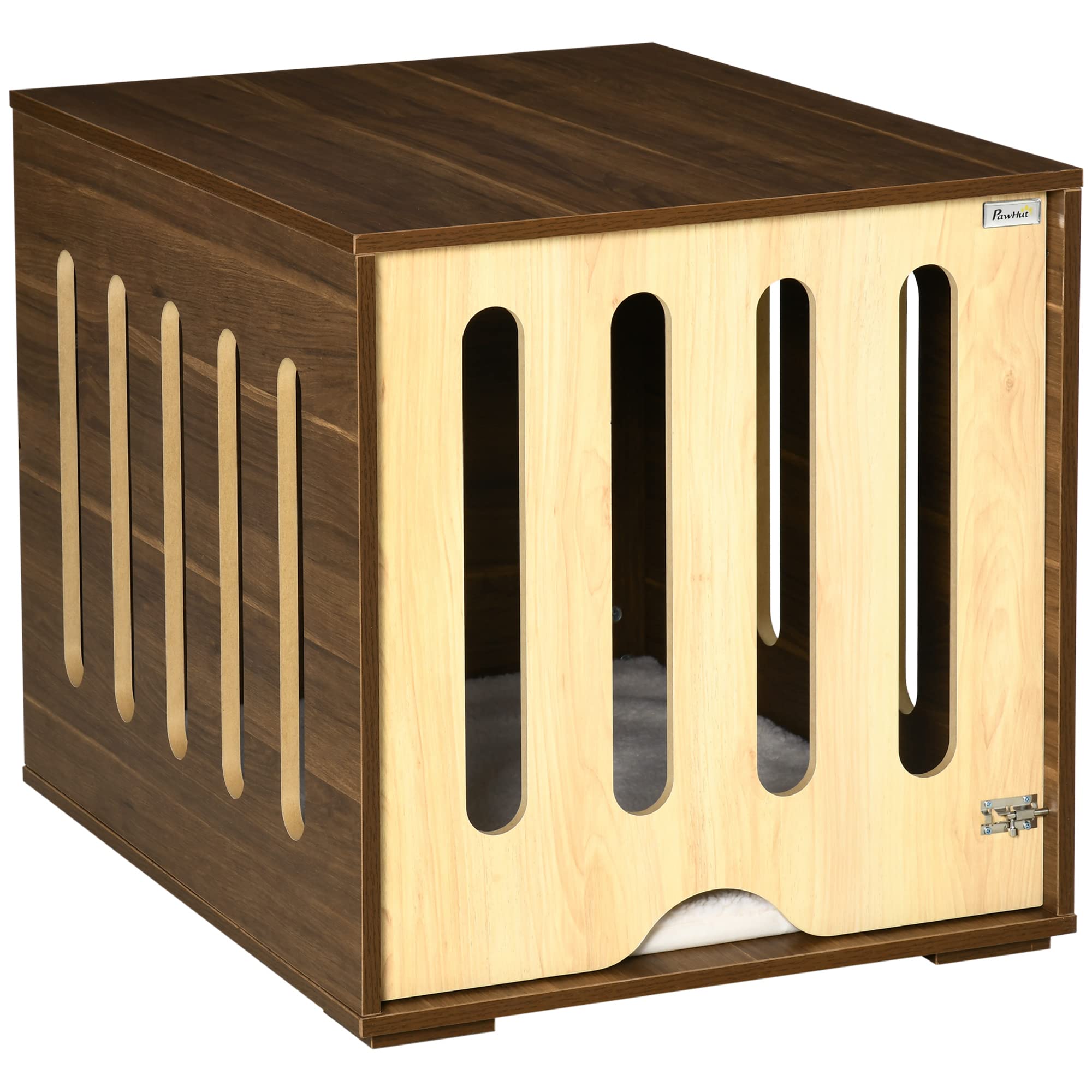 PawHut Stylish Wooden Dog Crate End Table with Removable Door & Foam Cushion - Safety Lock Pet Kennel for Small Medium Dogs - Indoor Furniture for Living Room Bedroom - Brown    (Note: This optimized version improves SEO by including key search terms naturally, removes redundant information, organizes features clearly, and adds usage scenarios at the end)