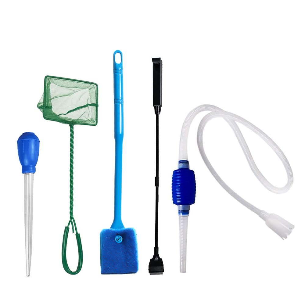 5 in 1 Aquarium Fish Tank Cleaning Tools Kit - Gravel Cleaner Siphon, Water Changer, Algae Scraper, Sponge Brush & Fishing Net for Freshwater & Saltwater Tanks - Perfect for Fish Tank Maintenance & Water Quality Control