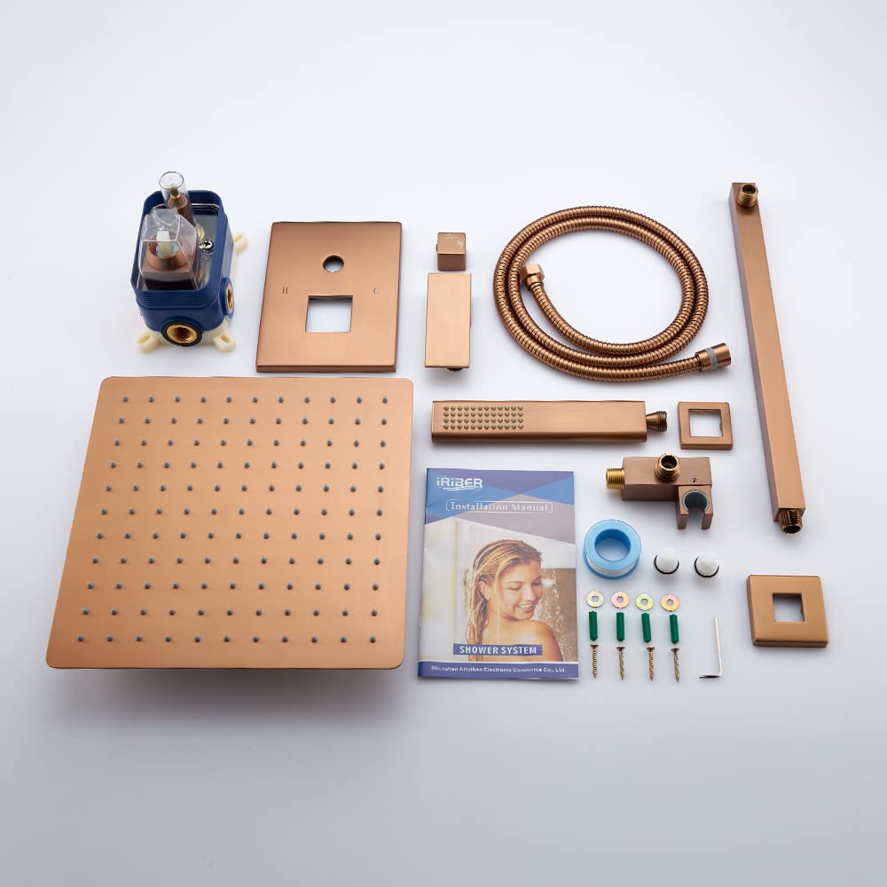 Brushed Rose Gold Rain Shower System - 12 Inch Rainfall Shower Head with Handheld Sprayer, Wall Mounted Bathroom Shower Set Including Faucet Mixer & Trim Kit (Valve Included) - Perfect for Luxurious Spa-Like Showers and Modern Bathroom Upgrades