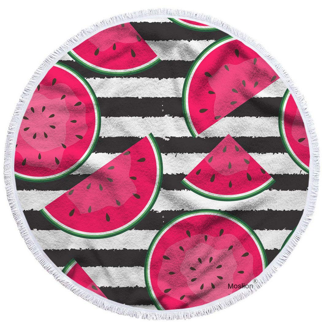 Moslion Oversized Watermelon Beach Towel - 63 Inch Large Summer Fruit Design, Black & White Stripes, Soft Microfiber Polyester for Pool, Picnic & Outdoor Use