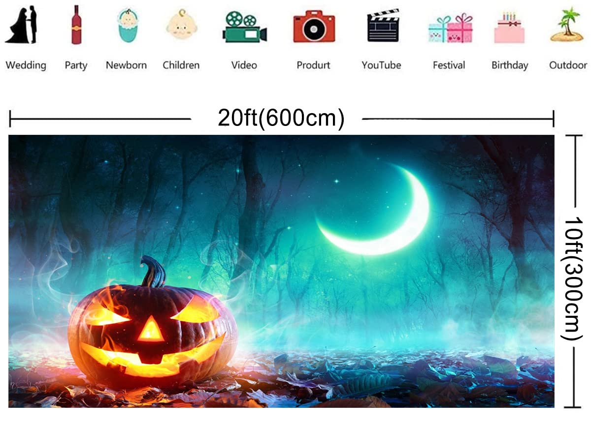 20x10ft Halloween Pumpkin Lantern Horror Backdrop - Spooky Forest Ghost Moon Photography Background for Party Decor, Scary Night Photo Shoots & Haunted House Themes