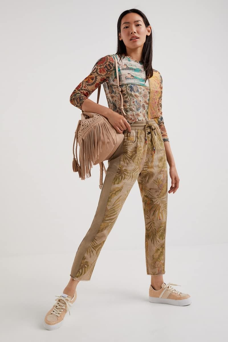 Desigual Women's High-Waisted Stretch Trousers - Comfortable Slim Fit Pants for Work, Office & Casual Wear | Trendy Ladies Dress Pants for Business & Everyday Outfits