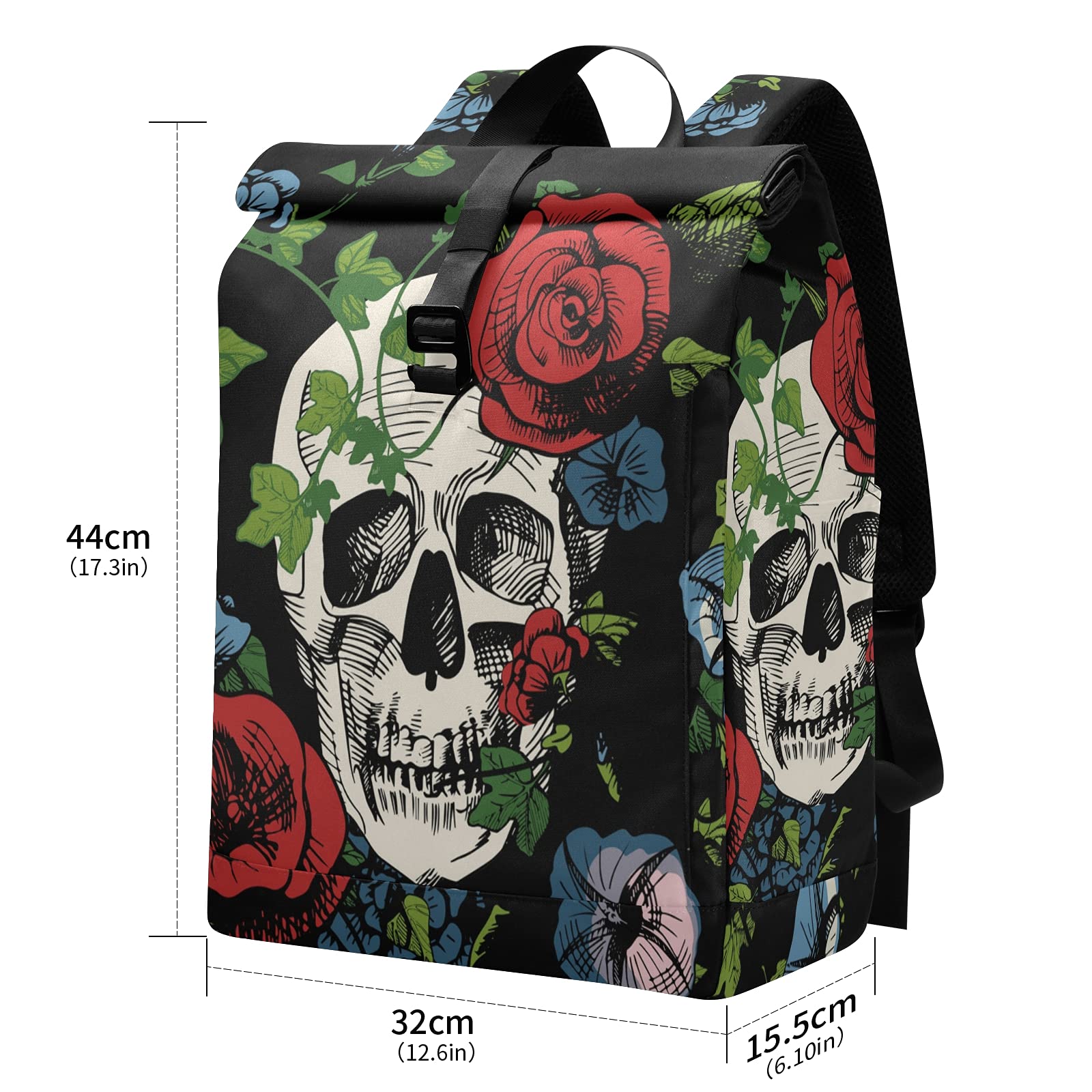 ALAZA Waterproof Anti-Theft Roll Top Laptop Backpack for Women & Men - Skull Roses & Leaves Design, Fits 13-17.3 Inch Laptops - Perfect for College, Travel & Daily Commute