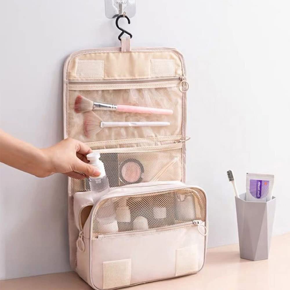 Waterproof Hanging Travel Toiletry Bag for Women - Foldable Cosmetic Organizer with Hanging Hook - Perfect for Business Trips, Vacations & Camping (Beige White) | Ideal for Bathrooms, Hotels & Outdoor Adventures