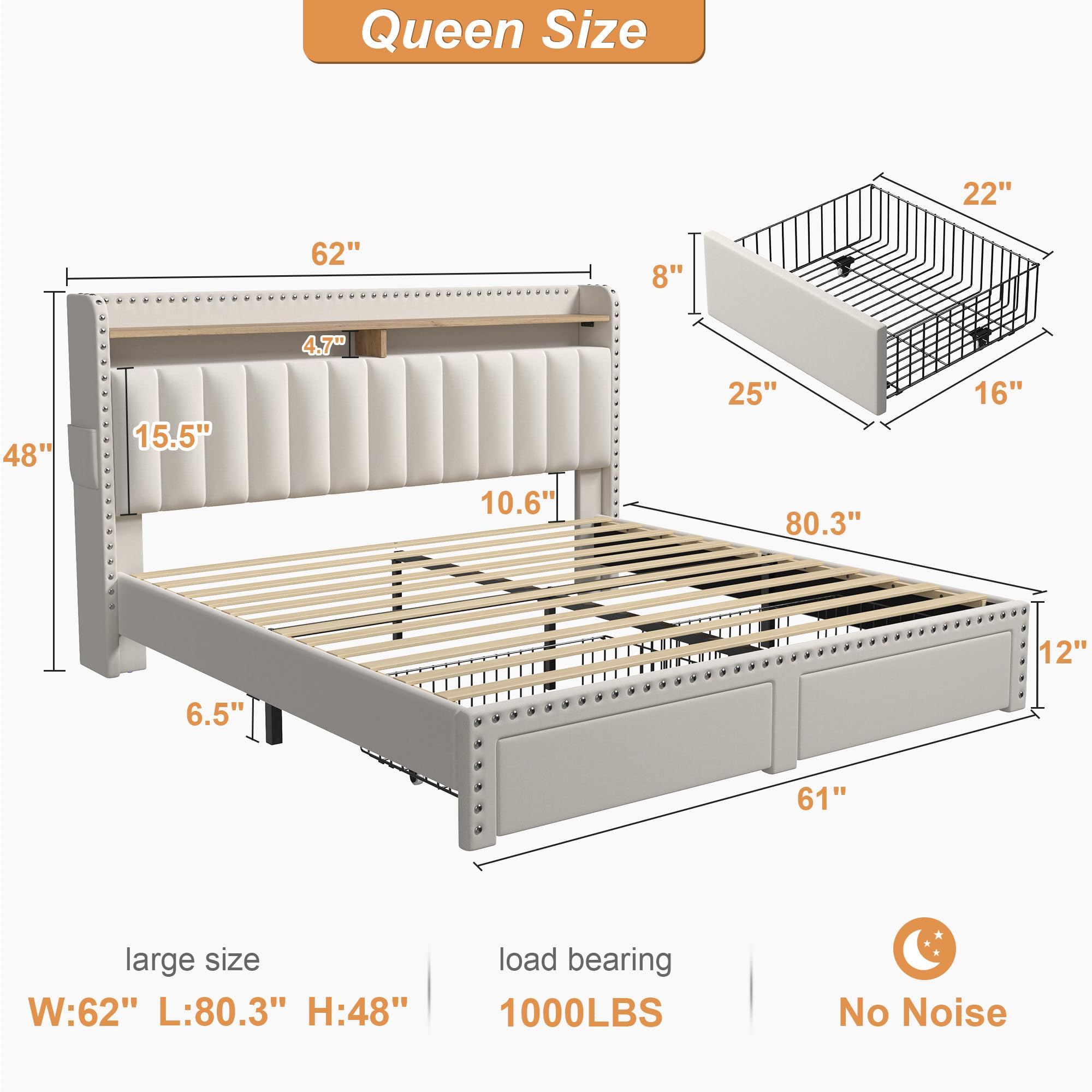 EnHomee Upholstered Queen Bed Frame with Headboard & Storage - 2 Drawers, No Noise, No Box Spring Needed - Perfect for Small Bedrooms, Guest Rooms & Modern Apartments