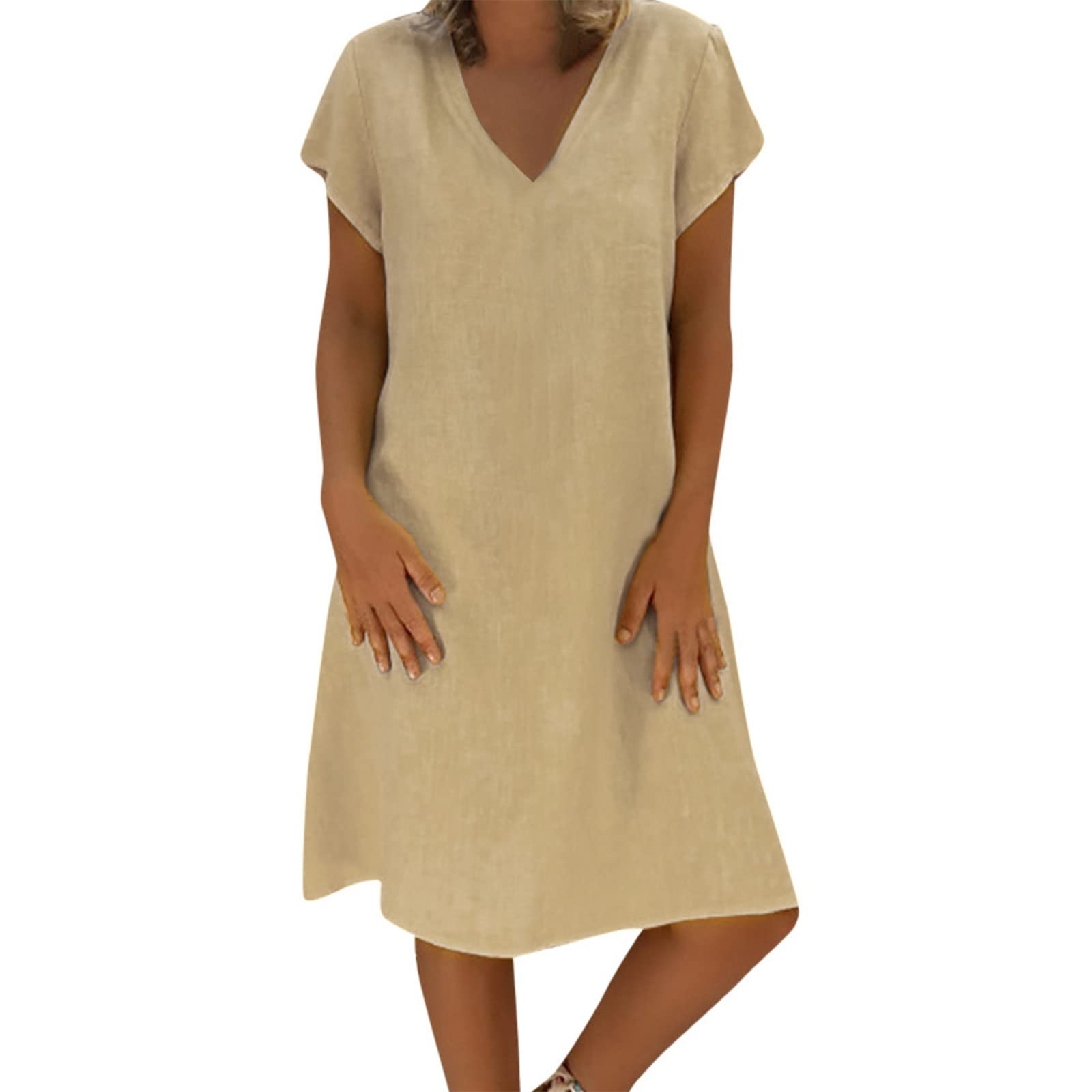 Longyy Women's Trendy V-Neck Solid Color Dress - Short Sleeve Loose Shift Swing Summer Dress for Beach, Vacation & Casual Wear | Perfect for Outings, Parties & Everyday Comfort