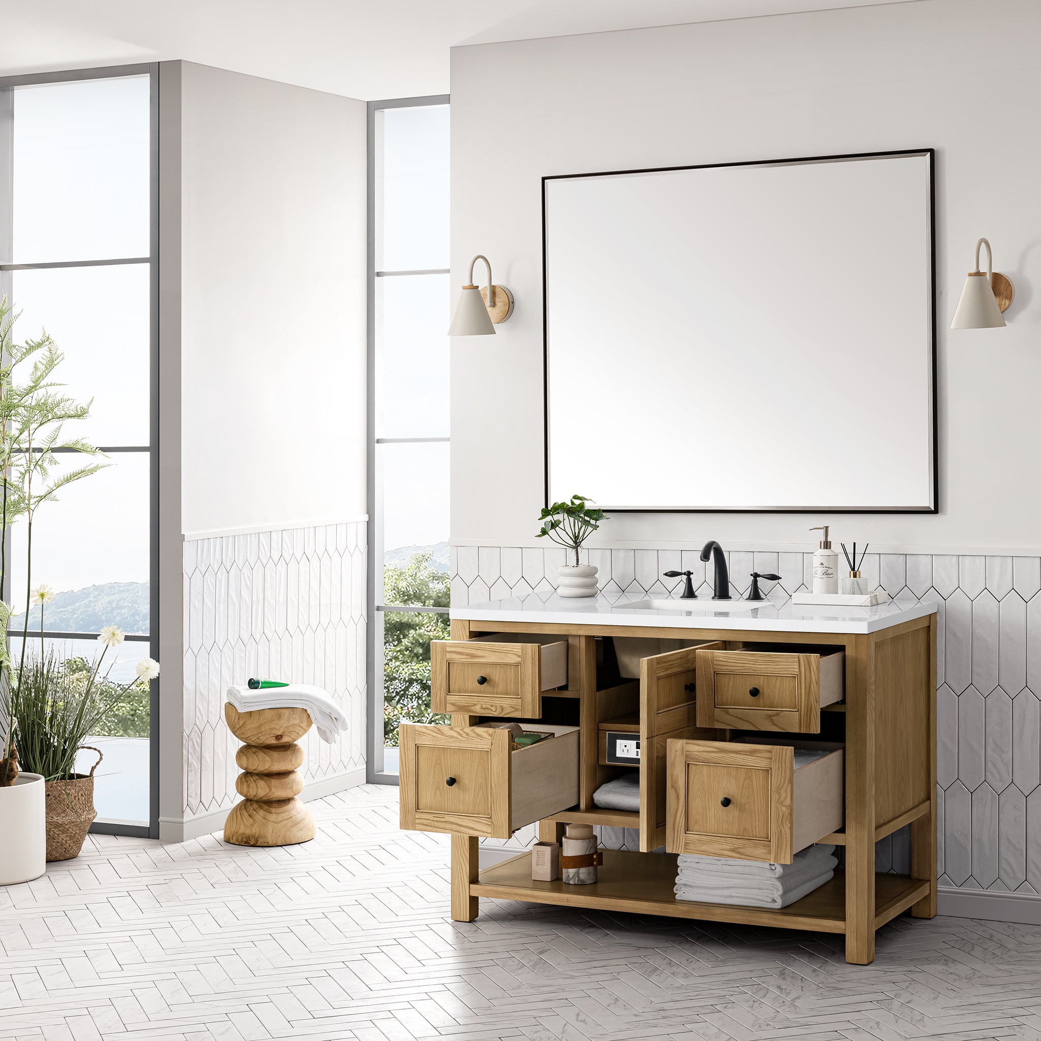 Breckenridge 48 Inch Single Bathroom Vanity in Light Natural Oak with 3CM White Zeus Countertop - Perfect for Modern Master Bathrooms and Guest Suites