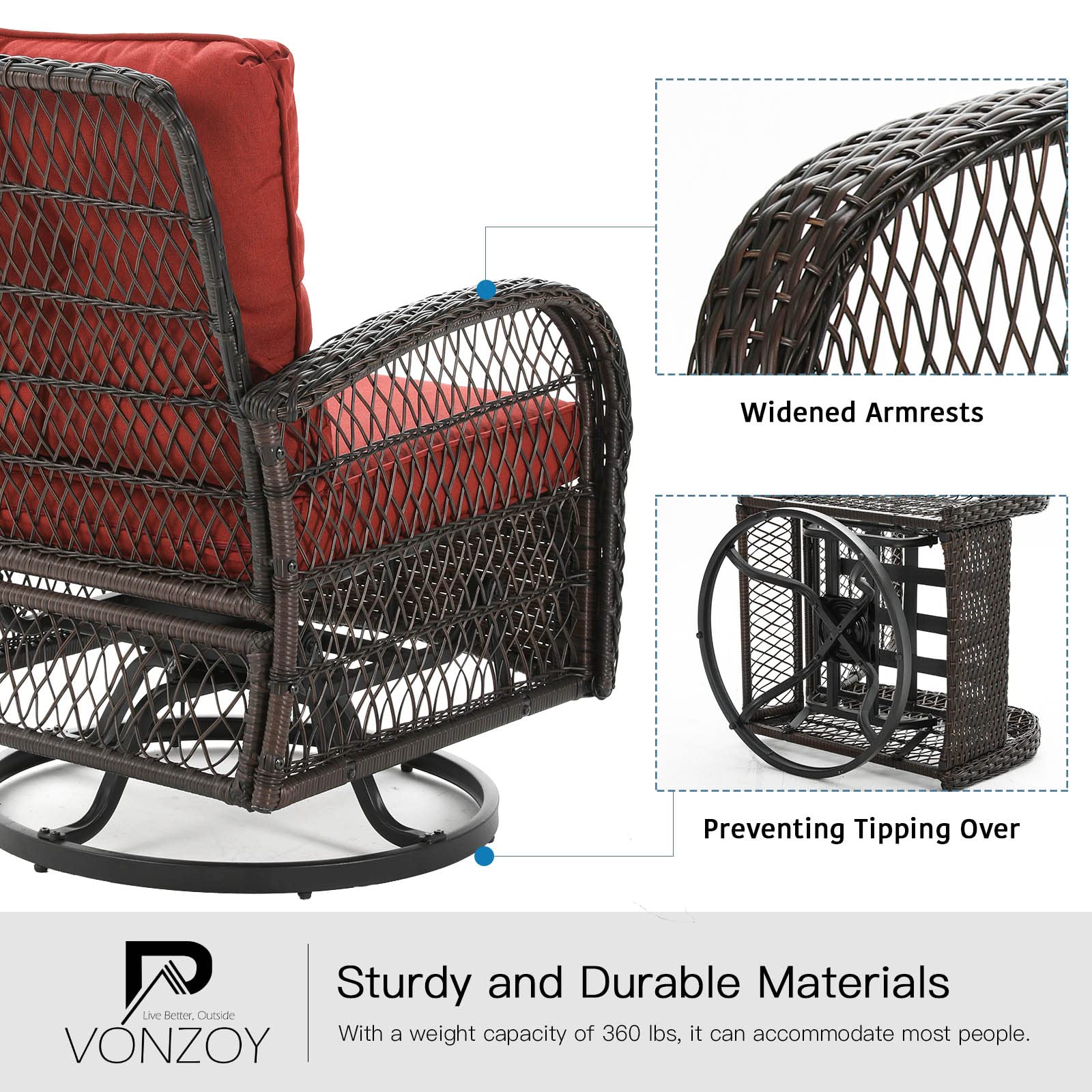 3-Piece Patio Furniture Set - Outdoor Swivel Glider Rocker with Thickened Cushions & Table, Wicker Bistro Set for Porch, Garden, Backyard (Red) - Perfect for Relaxing, Entertaining & Outdoor Dining