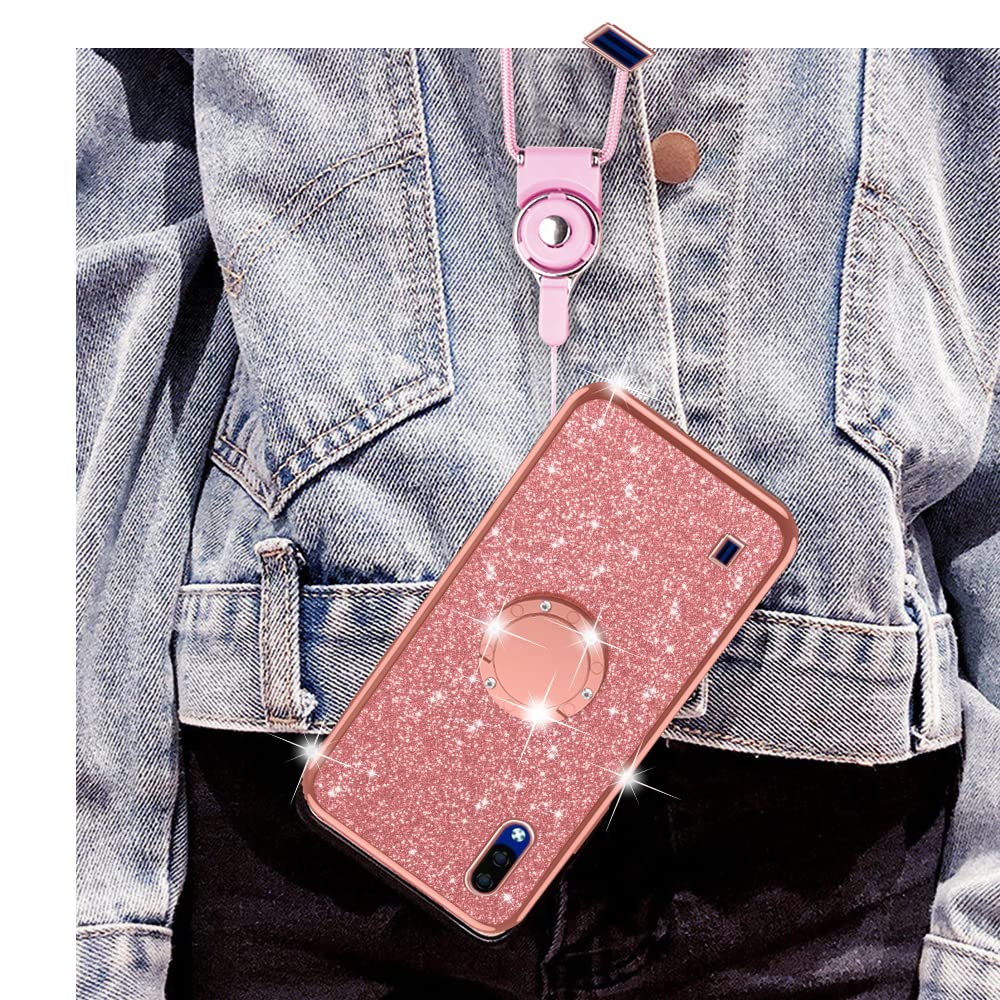 Cute Rhinestone Glitter Luxury TPU Phone Case for ZTE Blade A5 2020 - Shockproof Protective Cover with Ring Kickstand & Strap - Rose Gold - Perfect for Women & Girls, Ideal for Everyday Use, Work, and Travel