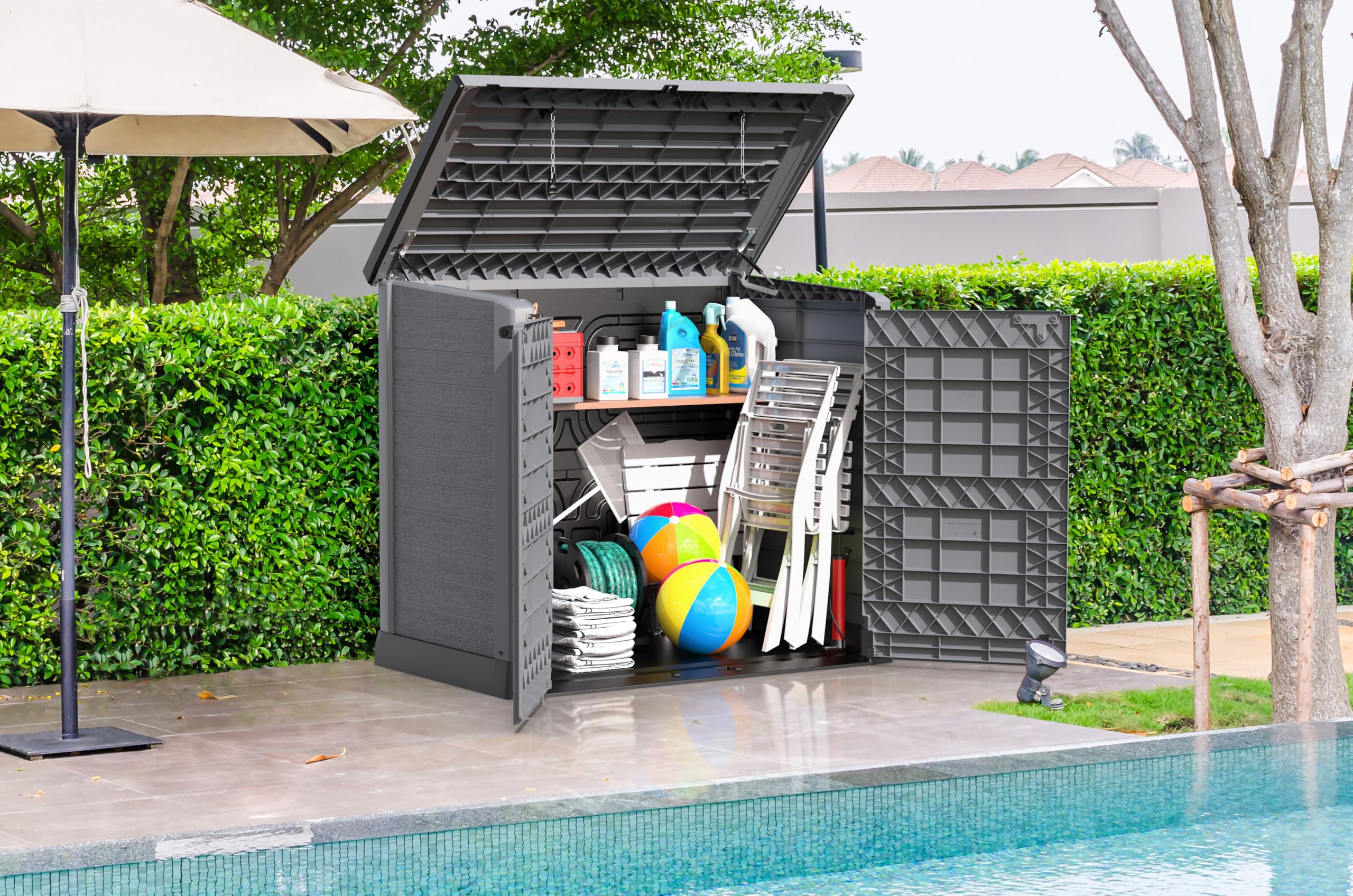 Duramax Cedargrain 1200L Plastic Outdoor Storage Shed with Flat Lid – Heavy-Duty Garden Shed for Bikes, Tools, BBQs & 2X 240L Bins – Weather-Resistant Grey Storage Unit (145x85x125 cm) – Perfect for Backyard, Patio & Garage Organization