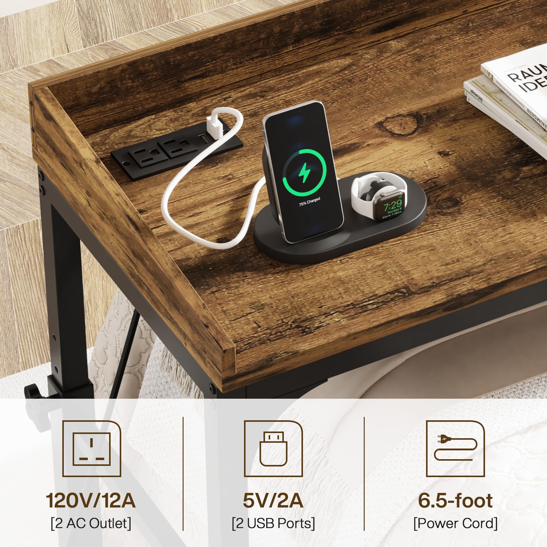 Tribesigns Adjustable Overbed Table with Wheels - Queen Size Mobile Laptop Desk with Tilt Stand, USB Ports & Power Outlets - Perfect for Hospital Beds, Home Office & Bedroom Workspace (Rustic Brown)