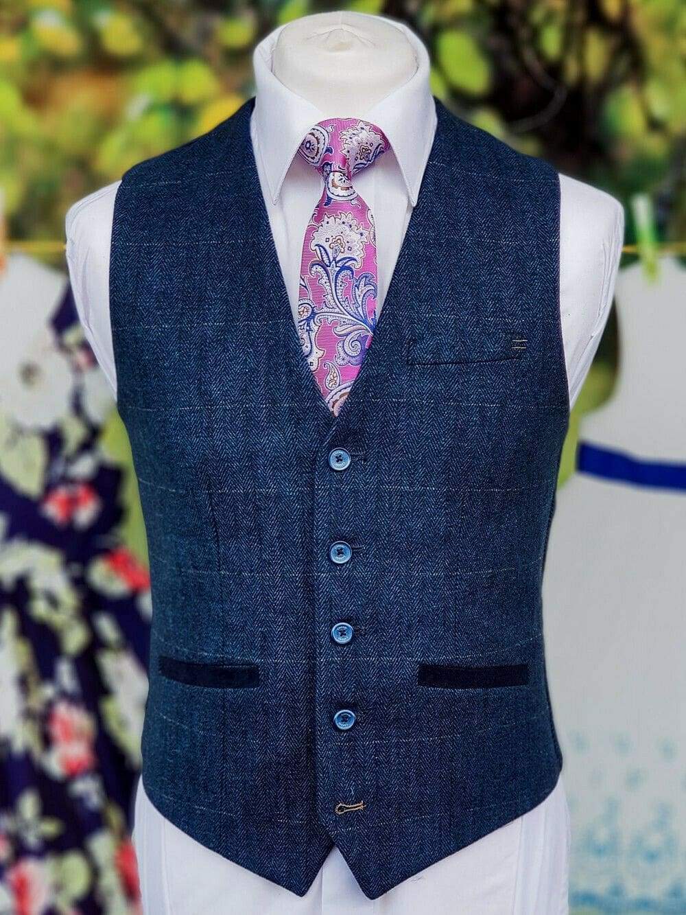 Cavani Carnegi Men's Blue Slim Fit Tweed Check Waistcoat Vest - Formal & Casual Style for Weddings, Office & Business Events