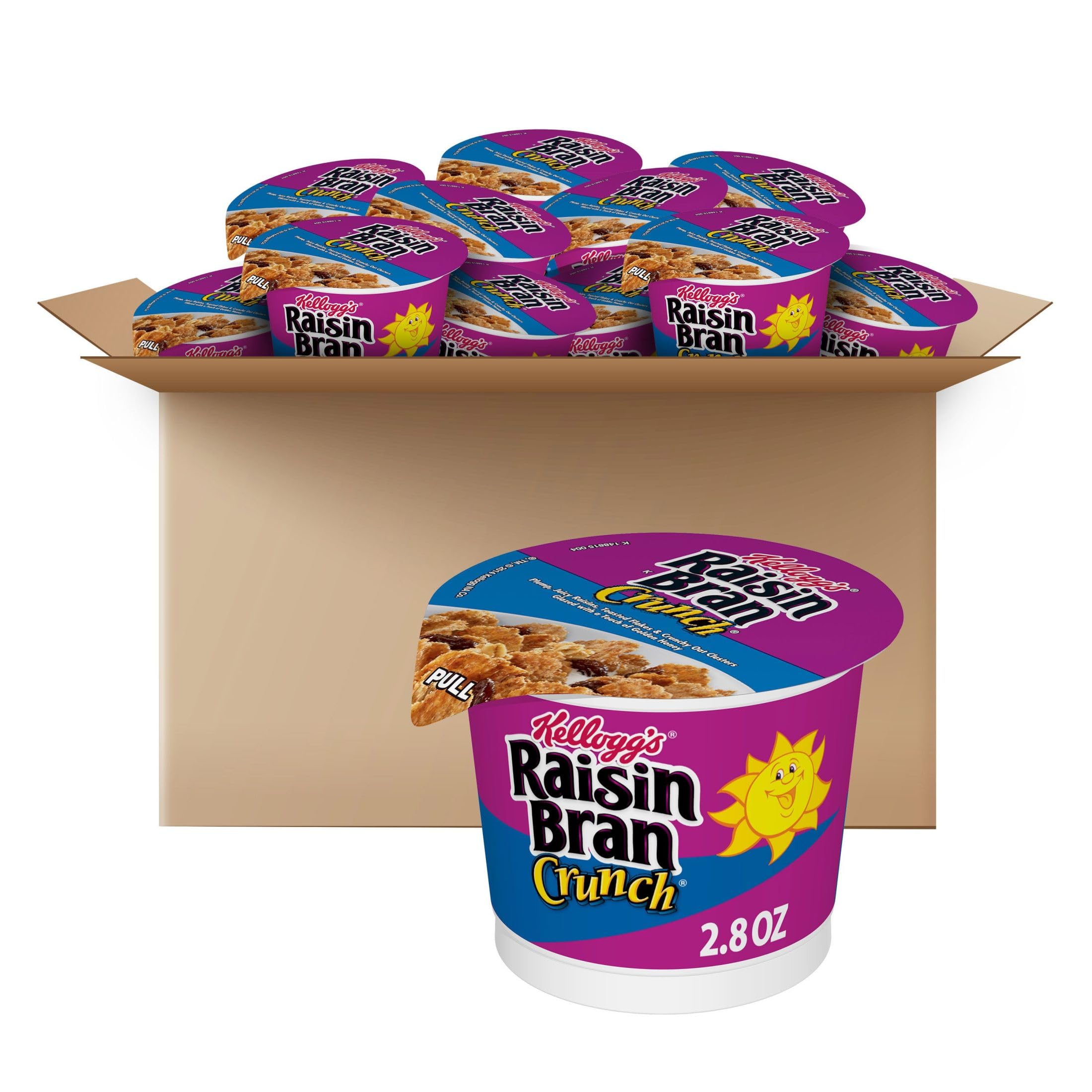 Kellogg's Raisin Bran Crunch Breakfast Cereal Cups - High Fiber Cereal with Real Raisins & Whole Grain, Original Flavor, 33.6oz Case (12 Single-Serve Cups) - Perfect for Quick Breakfast, Office Snacks & On-the-Go Nutrition