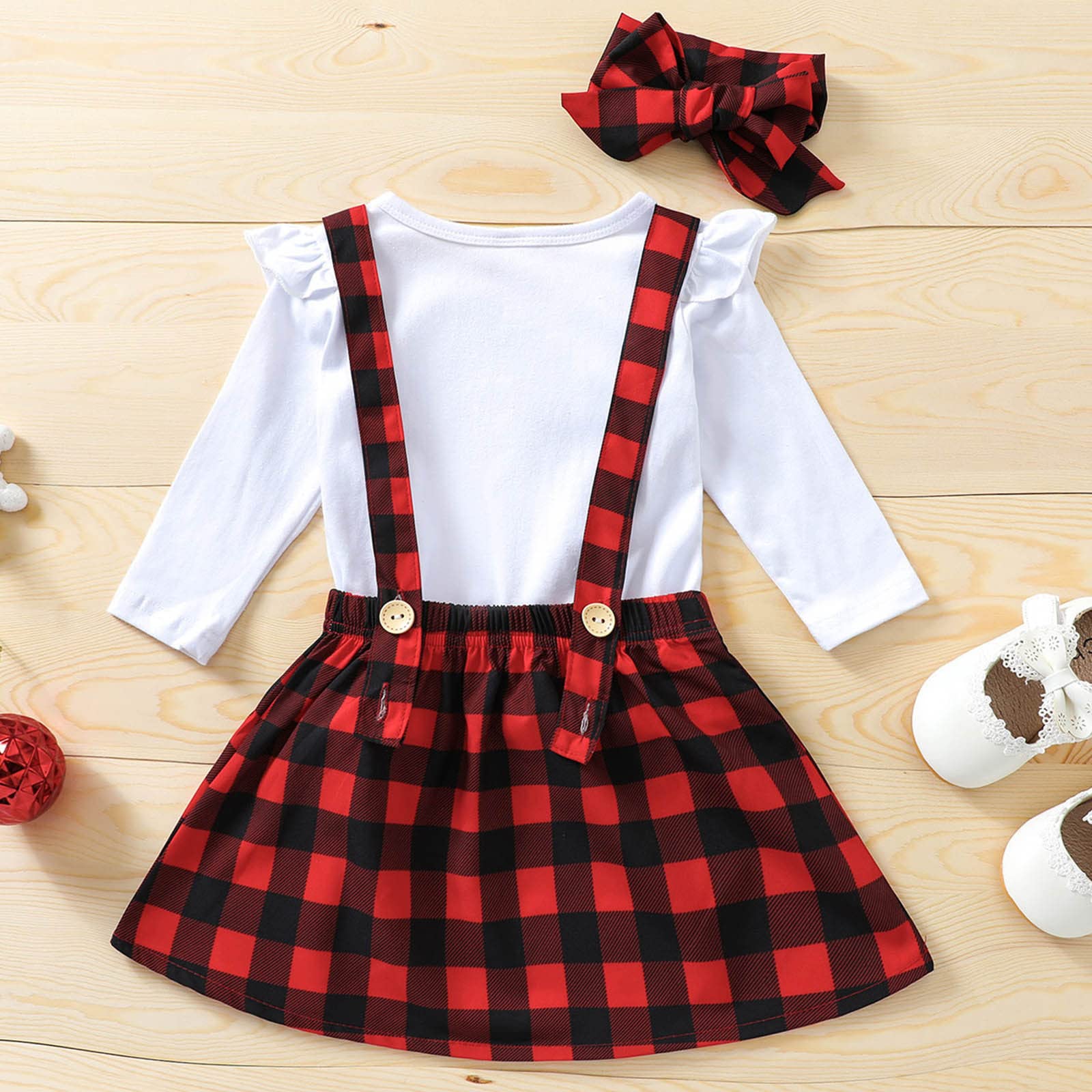 Girls Christmas Outfits Set - Long Sleeve Deer Printed Top with Plaid Dot Cartoon Suspender Skirt & Headband | Holiday Party, Family Photos, School Celebration