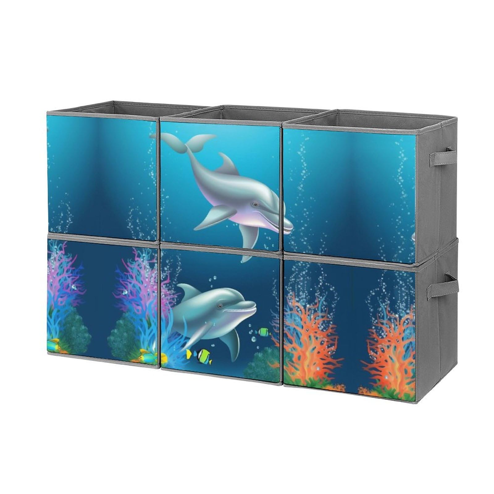 6-Pack Collapsible Storage Bins with Handles - Dolphin & Fish Pattern Storage Baskets for Closet, Clothing, Toys Organization - Space Saving Home & Office Organizer for Bedroom, Kids Room, Laundry