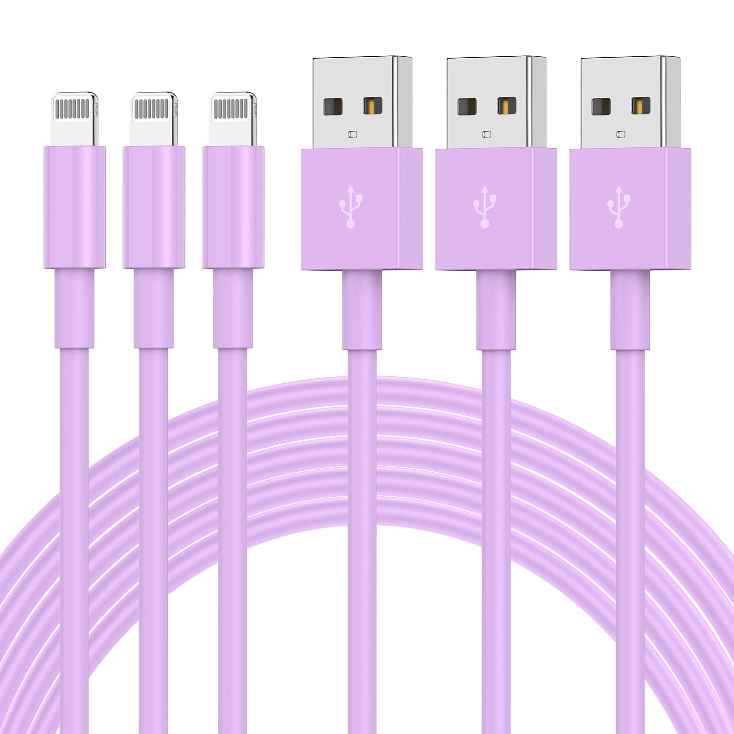 3-Pack MFi Certified 10ft Lightning to USB Cable - Fast Charging Cord for iPhone 12/11/Pro/Max/X/XS & iPad - Durable Purple Charger for Home, Office & Travel