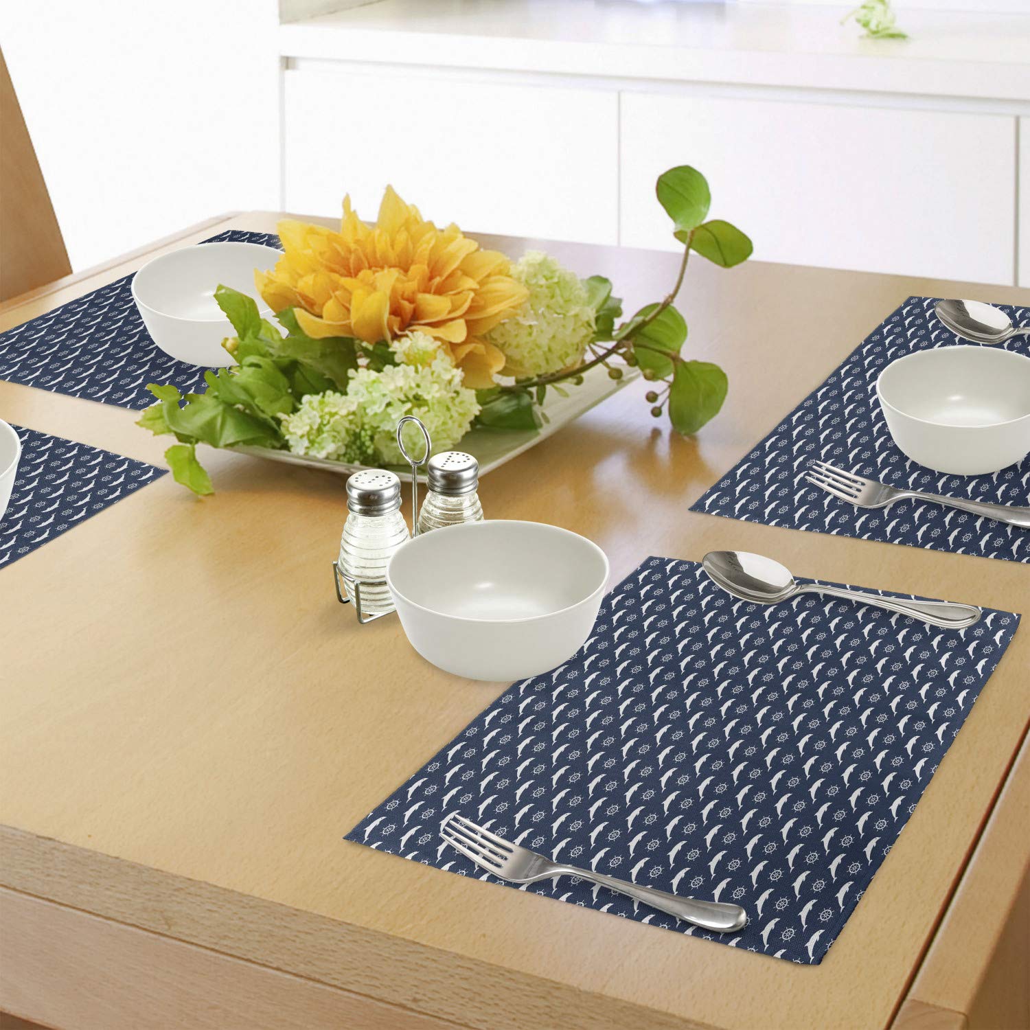 Lunarable Dolphin Place Mats Set of 4 - White Maritime Design with Dolphin Silhouettes & Steering Wheels - Washable Fabric Table Mats for Dining Room - Standard Size Night Blue - Perfect for Beach House Decor, Nautical Theme Parties & Coastal Style Dining