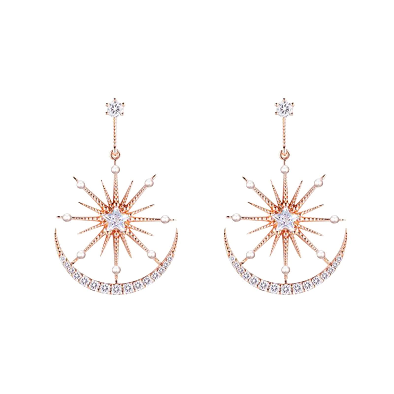 Elegant Gold & Silver Star Moon Tassel Rhinestone Dangle Earrings for Women - Geometry Shape Wedding Jewelry & Princess Earrings for Little Girls - Perfect for Bridal, Prom, Party & Special Occasions